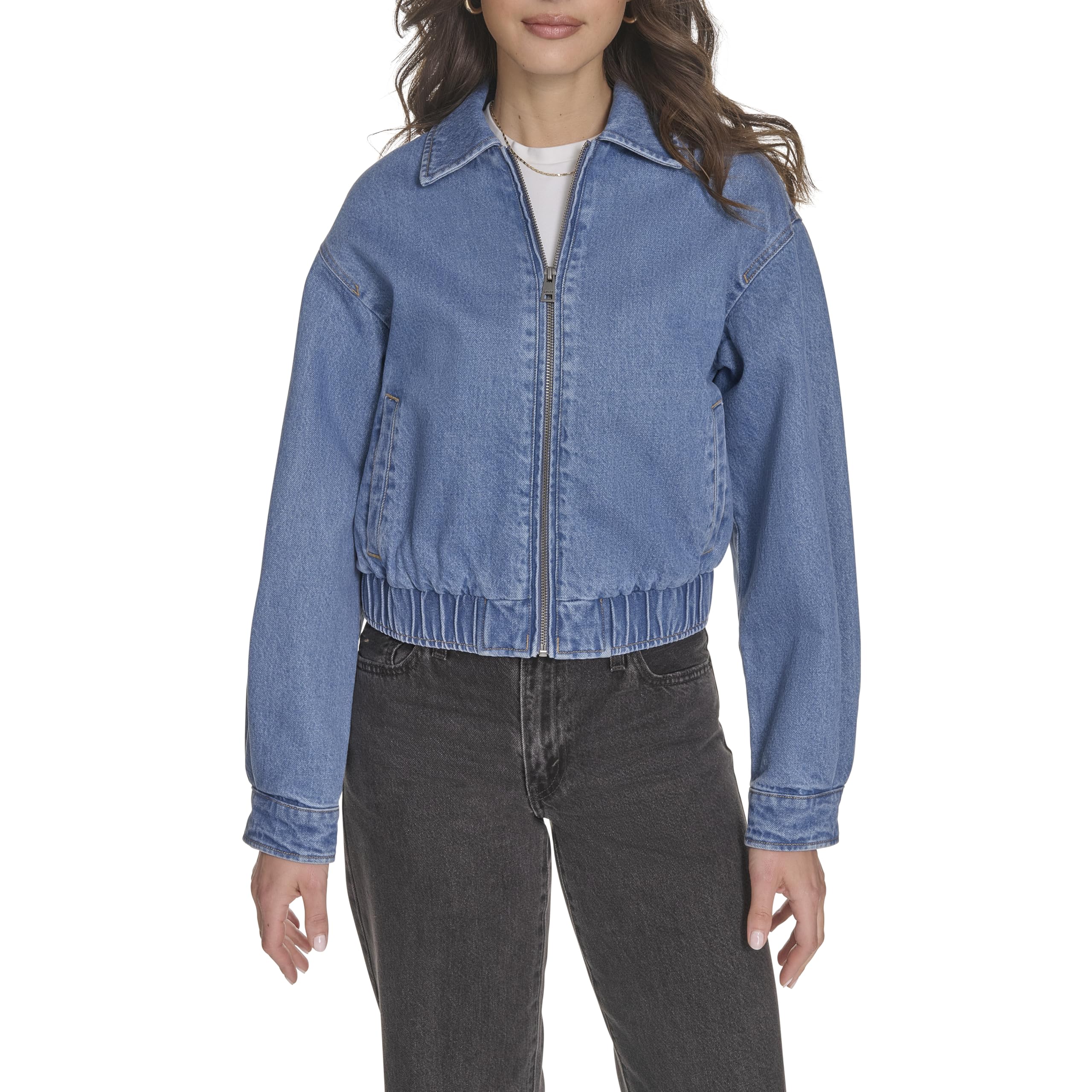 Levi's Women's Laydown Collar Bomber Jacket, Medium Wash Denim, Medium