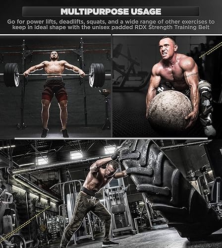 Miniatura 7 de RDX Cinturón de levantamiento de pesas para gimnasio de fitness, cinturón de cuero ajustable con soporte lumbar acolchado de 4 pulgadas, ideal para
