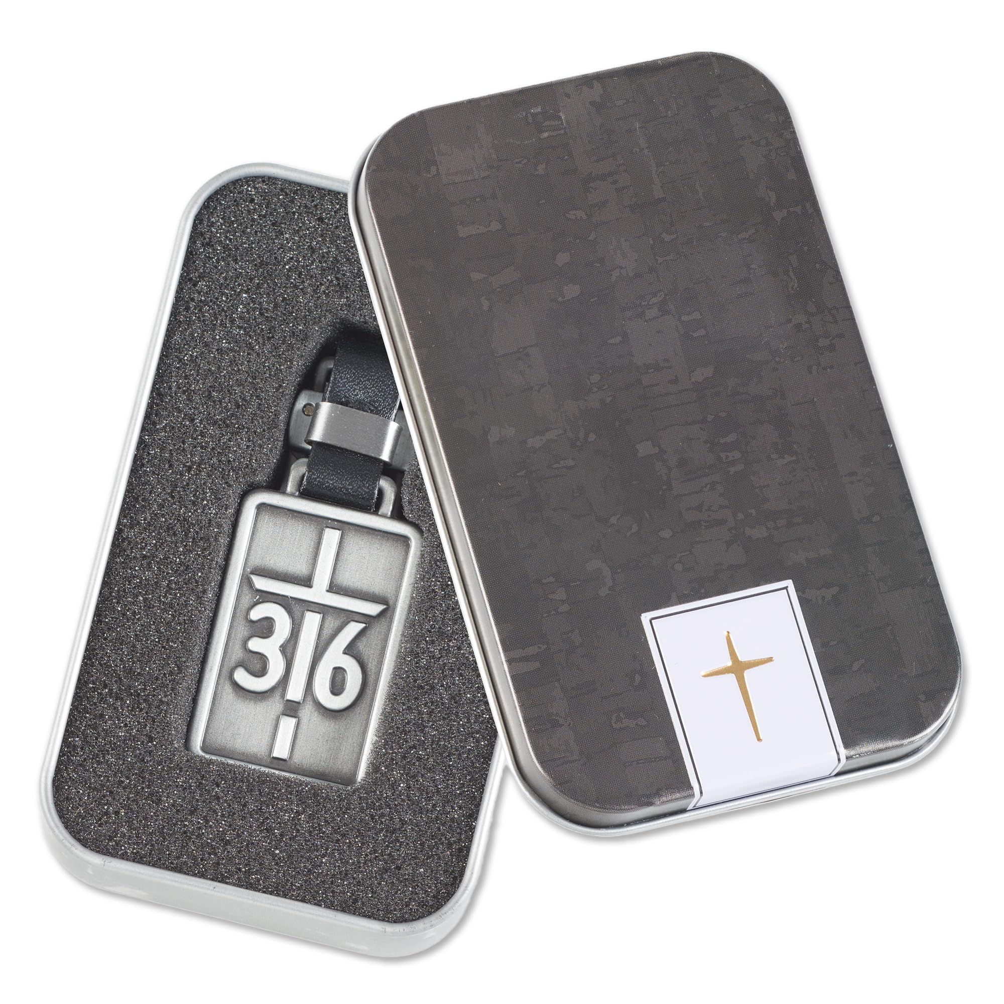 Christian Art Gifts Inspirational Scripture Split Metal Keychain for Men & Women: John 3:16 with Black Faux Leather Loop Silver Metal Cross Bible Verse Keychain in Gift Tin for Car Keys, House Keys