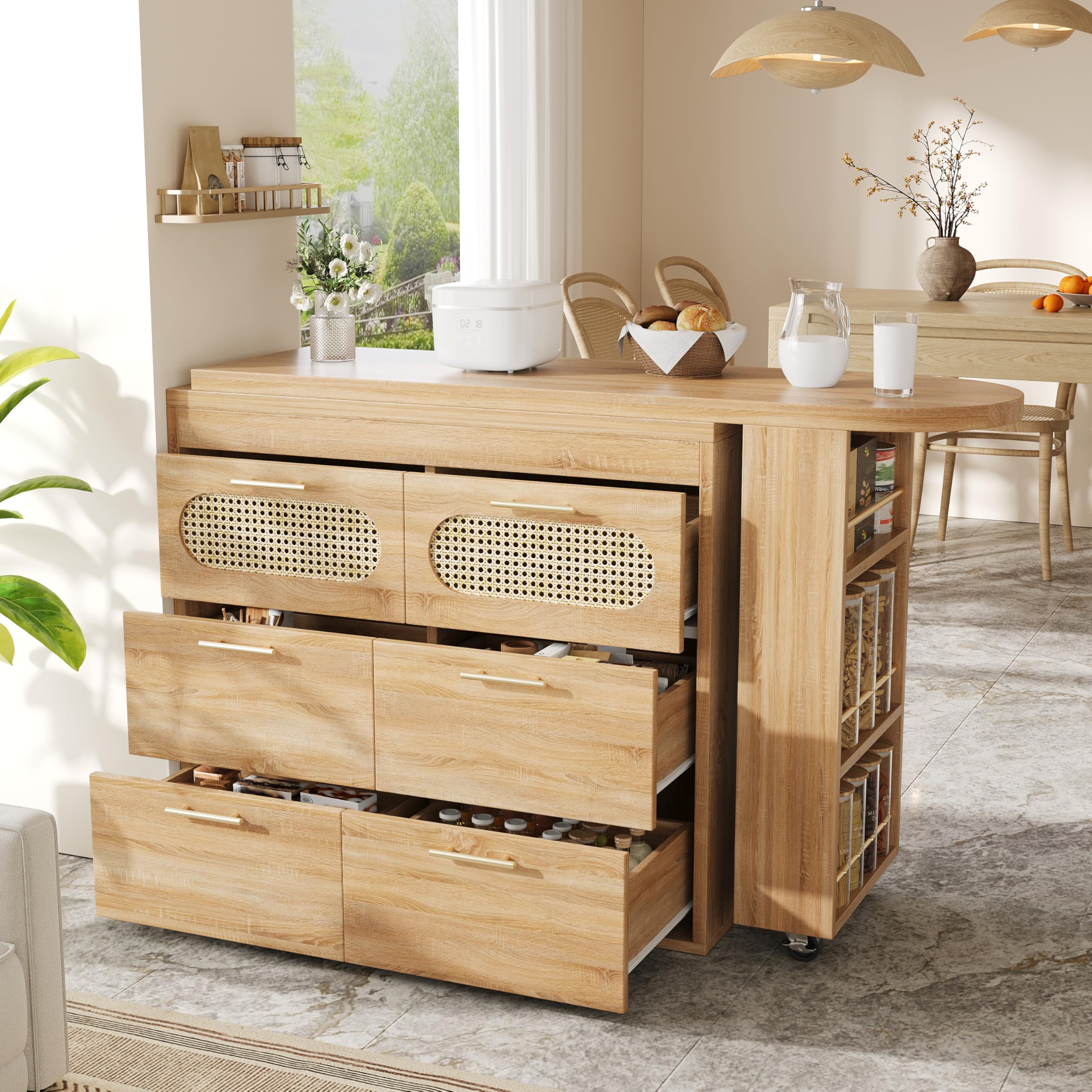 Sapgaks Îlot de Cuisine rotative à 360°,Porte en rotin PE et poignée en métal,Table de Bar avec 6 tiroirs,Equipé d'un Dispositif Anti-basculement,Aux Salon et Cuisine,Naturelle