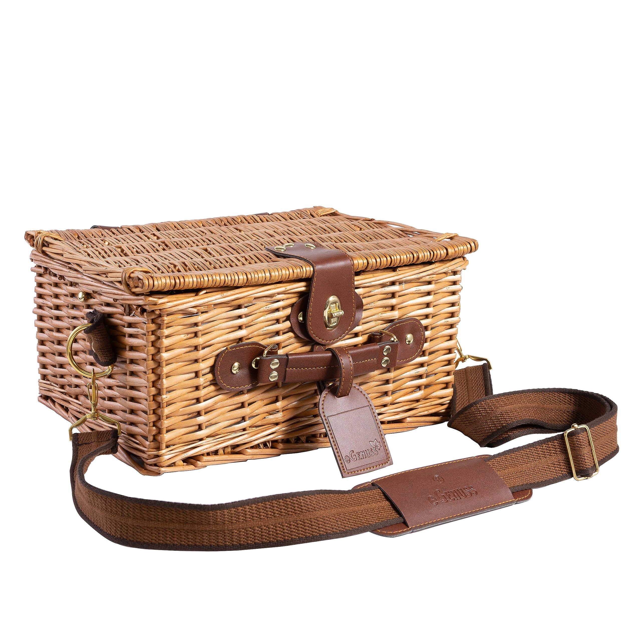 1 Panier de Pique-Nique en Osier pour 2 Personnes - Bandoulière Amovible, Compartiment Isotherme et Accessoires Inclus - Motif Vichy Vert