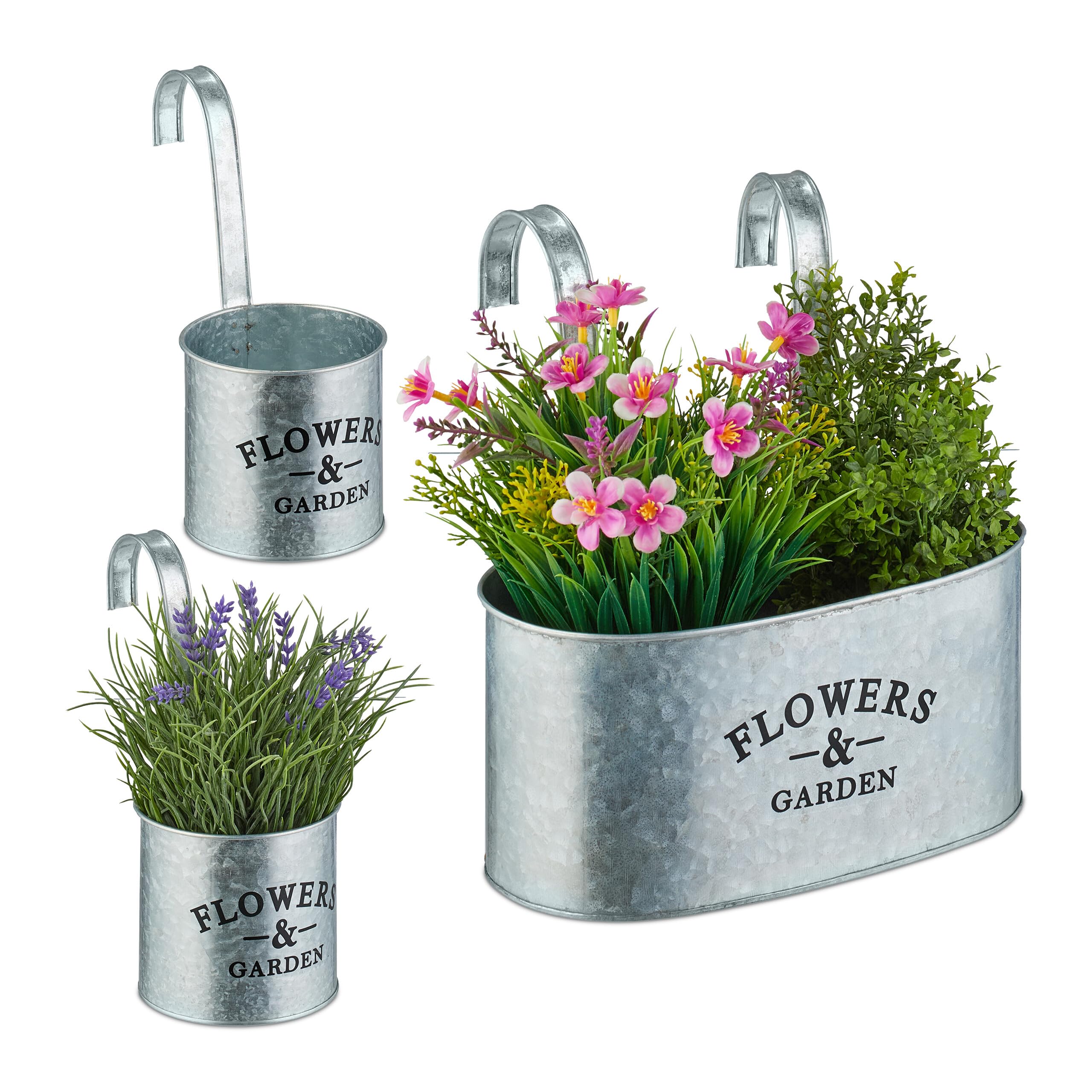 Relaxdays Hanging Pots, Set of 3, 2 Sizes, Galvanised Metal, Garden Planters, Flowerpots, Balcony Herb Holder, Silver