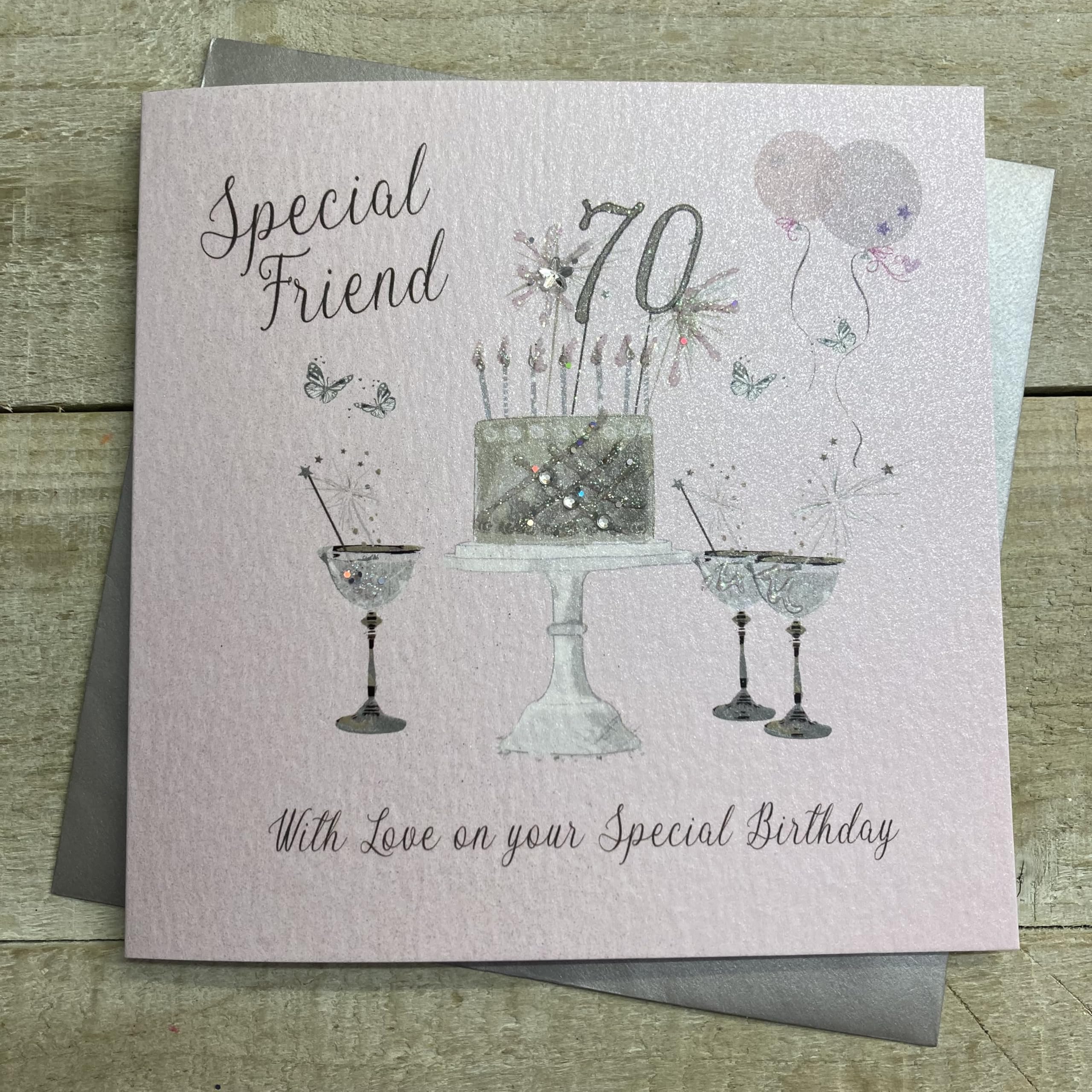 WHITE COTTON CARDS Happy 70th Birthday Card Special Friend Champagne Glasses Pink Roses SS42-SF70