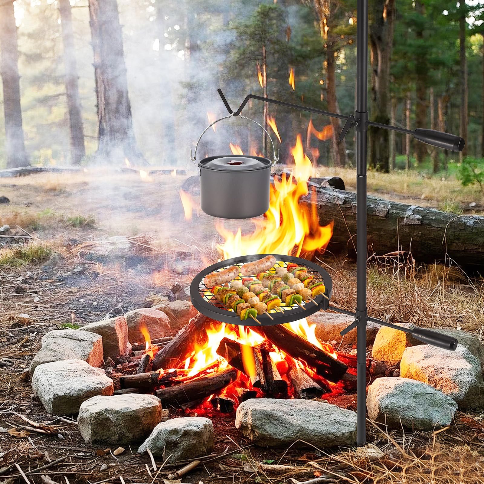 Aptliton Heavy Duty 360° Swivel Campfire Grill For Fire Pit, Rotating Height Adjustable Steel Cooking Grate With Carry Bag, Portable Open Fire Bbq Rack For Outdoor Camping, Vertical Grill, 13.4X13.4"