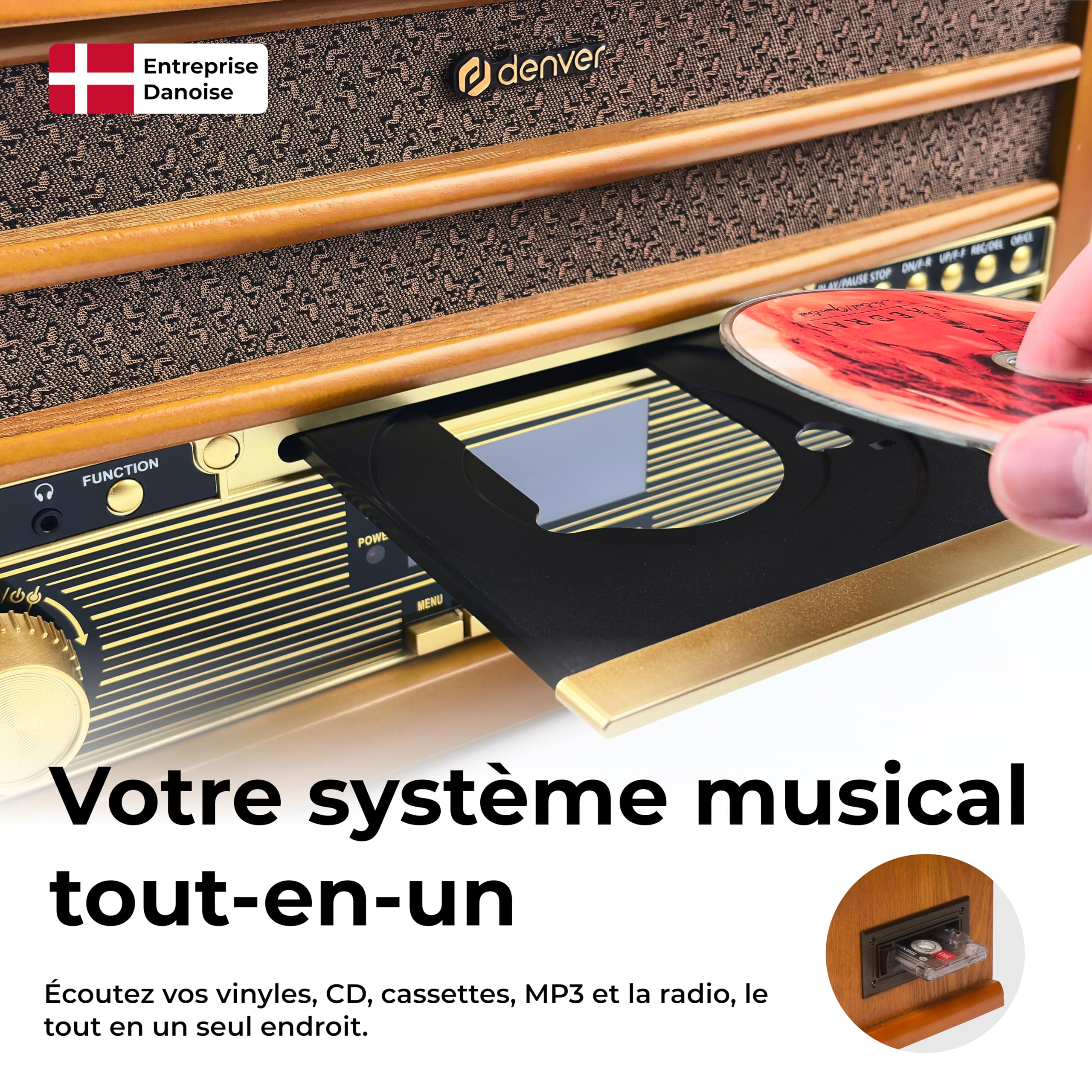Denver MRD-51 Chaîne Musicale rétro avec Platine Vinyle, Dab+/FM, CD, Cassette, USB, AUX, Enregistrement MP3, Bois