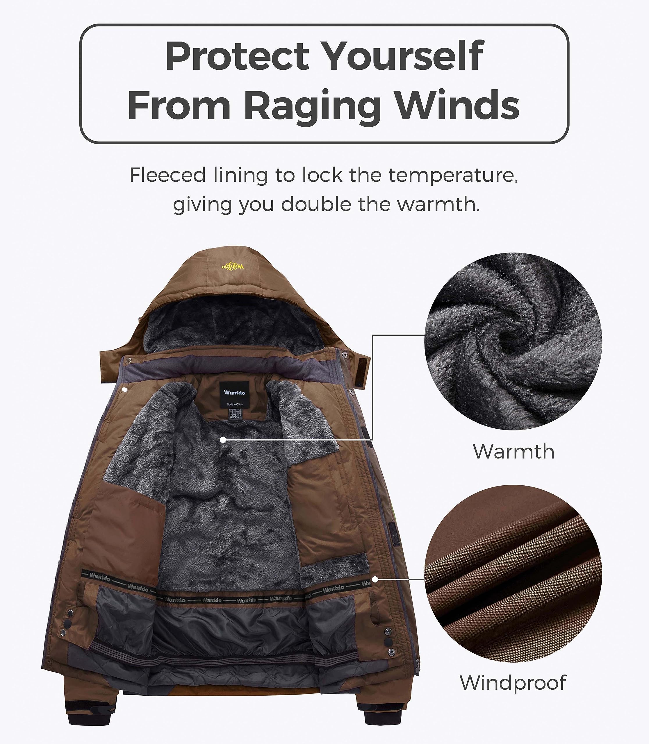Wantdo Giacca da Sci Montagna Calda Invernale Parka da Neve Imbottita Cappotto da Snowboard in Pile Giubbotto con Cappuccio Impermeabile Uomo