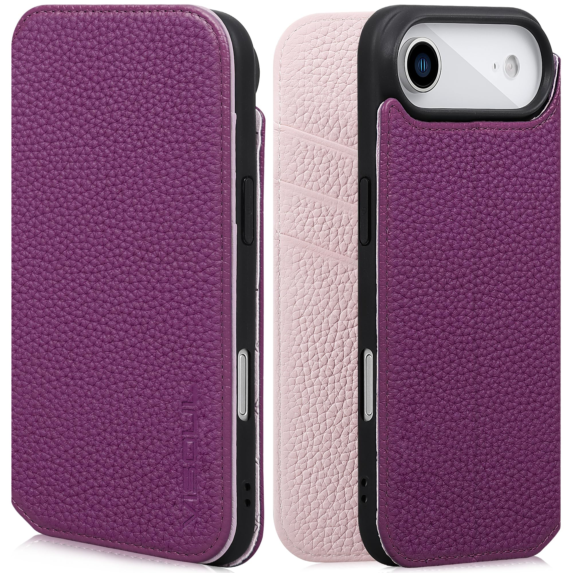 VISOUL iPhone Air 対応 ケース 手帳型 本革 アイフォン エア 手帳型ケース MagSafe対応 スマホケース レザー カード収納 携帯カバー 横置きスタンド機能付き マグネット式 全面保護 柔軟なTPU素材 アイホン Air パープル・ピック