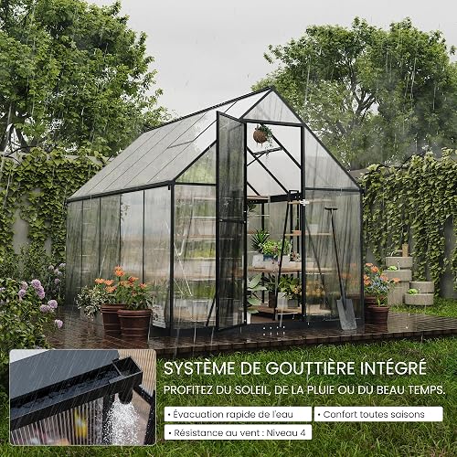 ALAULM Serre en polycarbonate de 1,83 x 1,22 m, grande serre de jardin à entrée large avec porte verrouillable, toit à pignon et gouttières de pluie doubles pour plantes, patio, arrière-cour (Noir) - 4