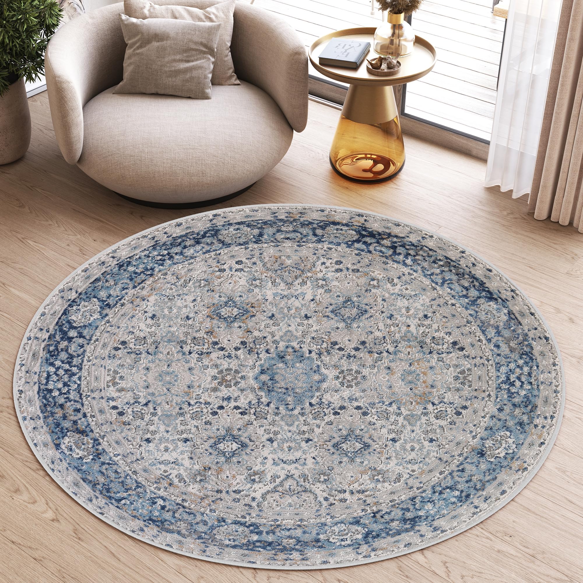 TAPISO Valley Rund Teppich Kurzflor Weiß Grau Blau Ornament 100 x 100 cm