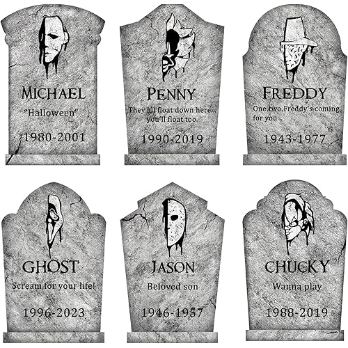 Halloween Decorations Outdoor Graveyard Tombstones: 6ct Large Tombstone Halloween Decor Yard Signs with Stake, 17" Tall Scary Gravestones with Half Killer Face, Waterproof Lawn Decor Outside, Not Foam