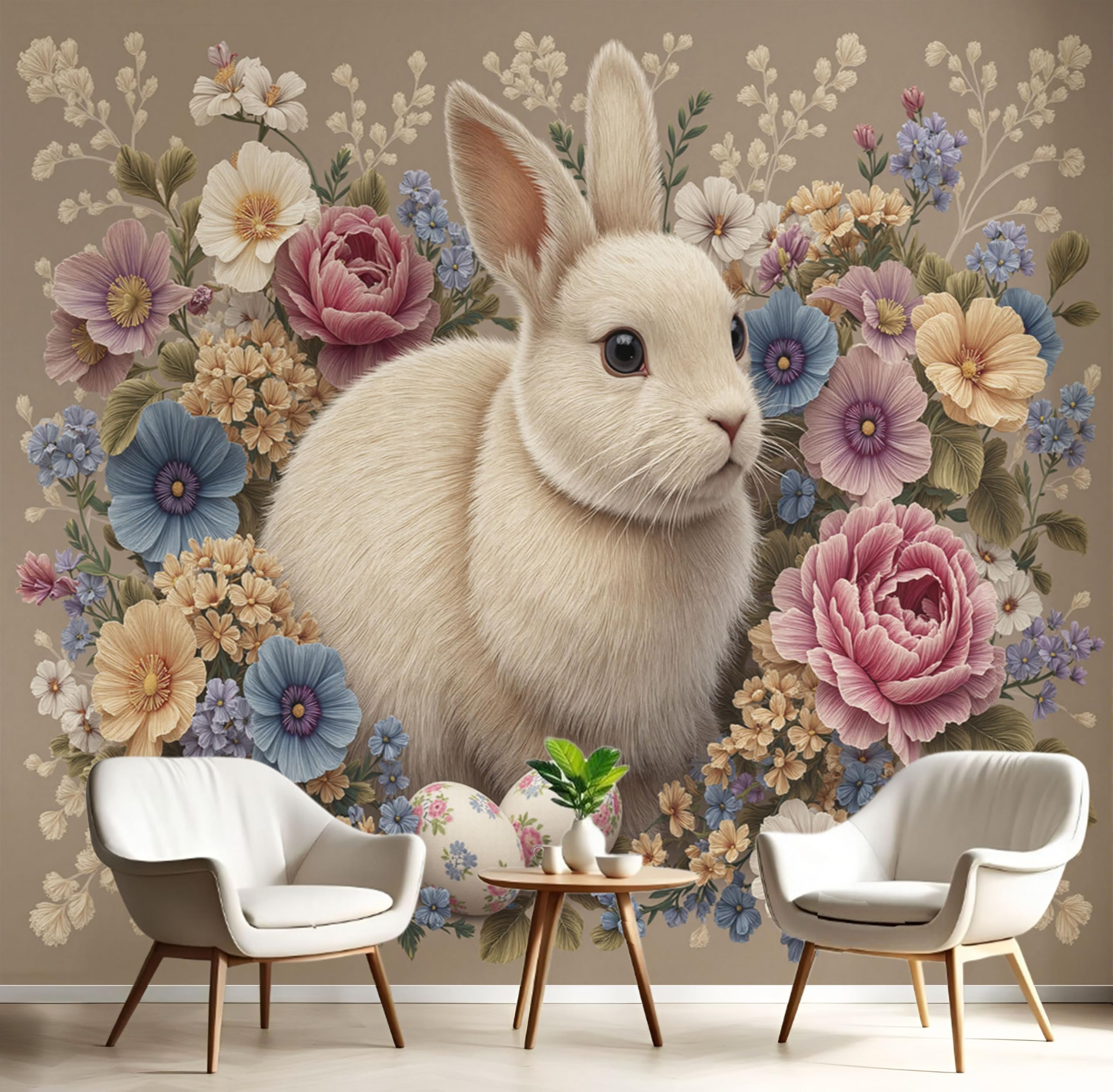 Papier peint panoramique pour salon et chambre : décor lapin et fleurs surréalistes