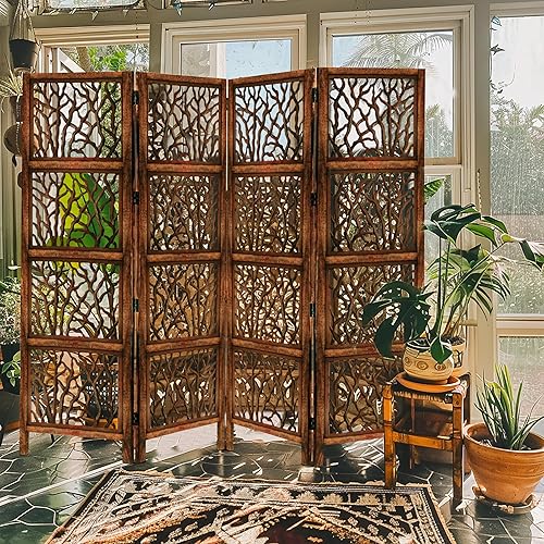 Miniatura 4 de Rajashtan biombo de madera antiguo hecho a mano color marrón de 72 pulgadas de alto, esculpido en ambos lados, completamente reversible, muy