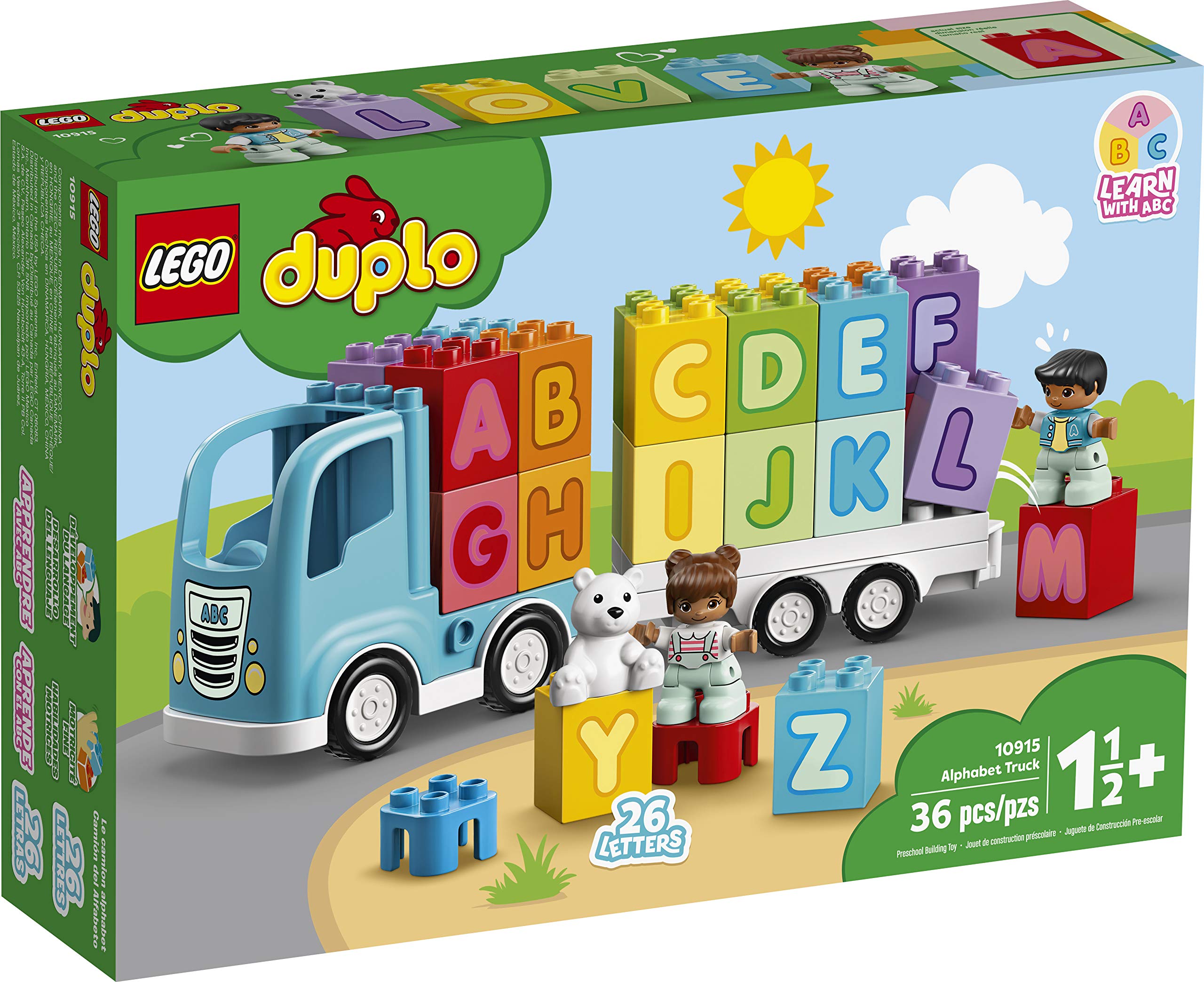 LEGO DUPLO Pierwsze klocki: Ciężarówka z alfabetem 10915 — nauka pierwszych liter dla małych dzieci, wesoła zabawka edukacyjna do budowania (36 elementów)