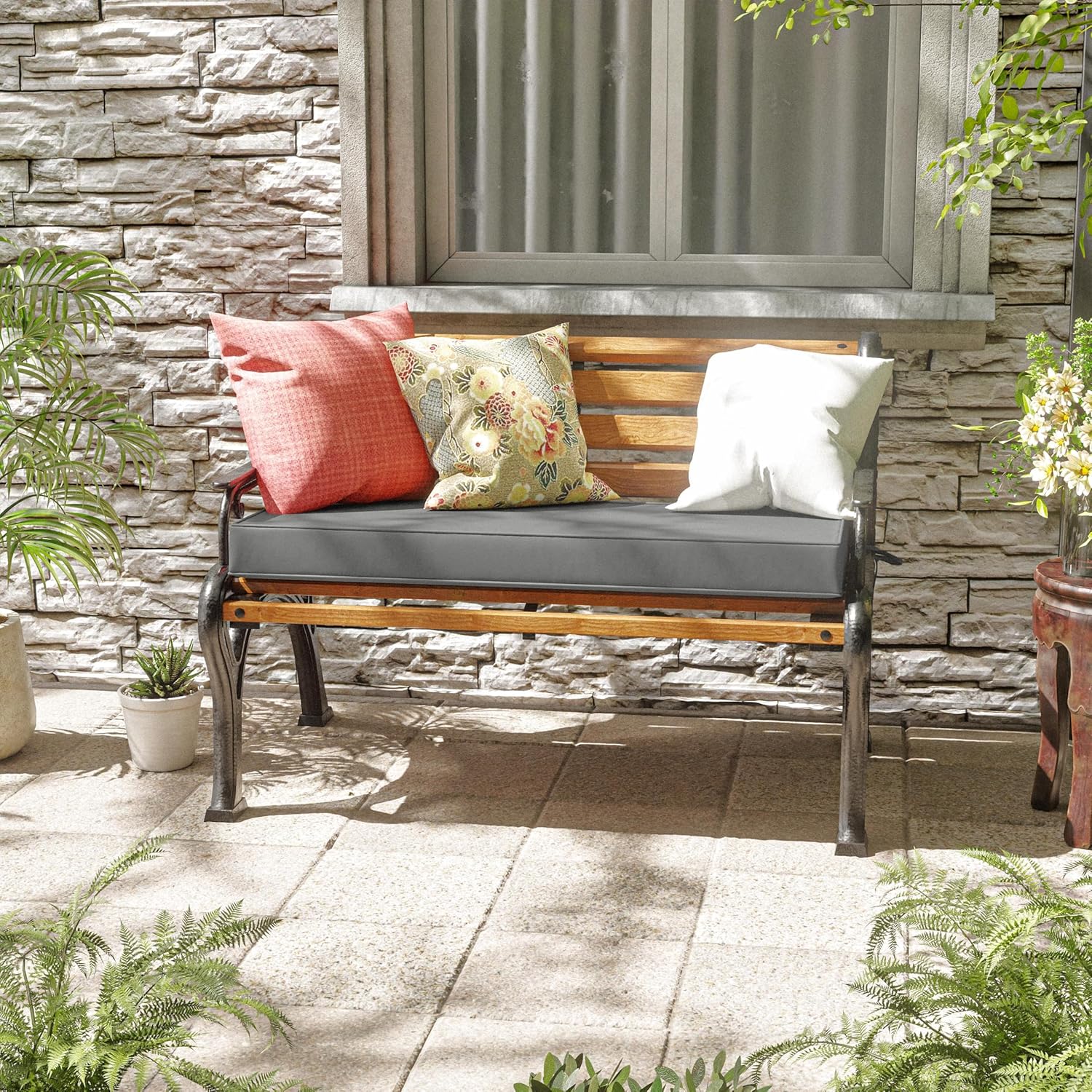 Premium Outdoor Bench Cushions for Patio Furniture 3.5inches Memory Foam Bench Cushion Waterproof Fade Resistant Porch Swing Cushions with Straps 42×18 Inch Light Grey