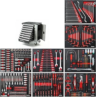 Mephisto Werkzeugwagen Werkstattwagen mit 8 Schubladen Davon 8 Schubladen mit Werkzeug wie Schraubenschlüssel, Ratsche mit Nusskasten, Ringschlüssel usw. in Soft Inlays in Carbonoptik gefüllt