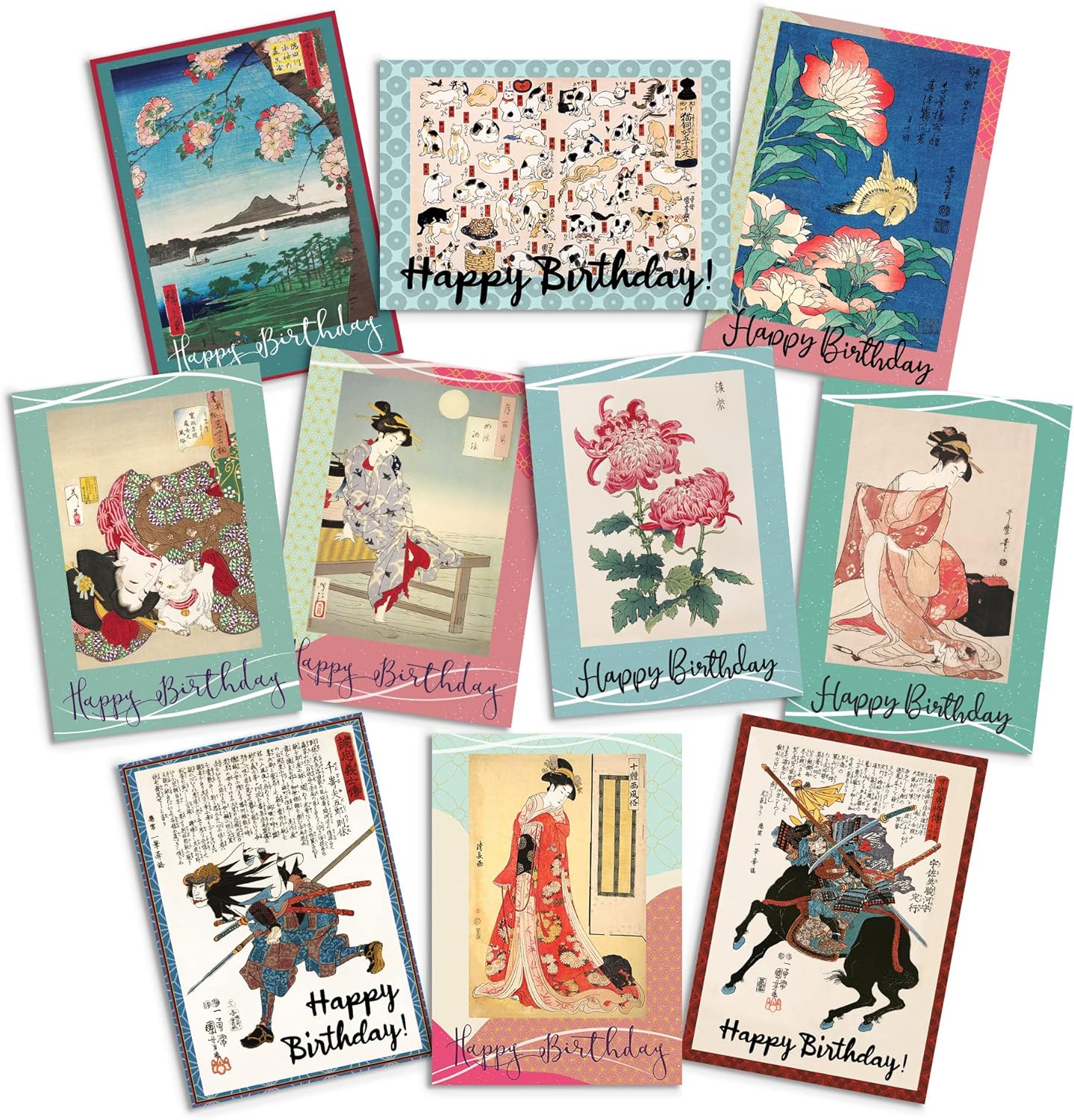 Happy Birthday Greeting Cards - Japanese Ukiyo-e Woodblock Print Art Card with Envelope (Pack Set of 10 Cards)