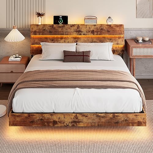 Miniatura 15 de Base de cama flotante tamaño Queen con cabecera LED y estación de carga, base de cama de plataforma de metal con almacenamiento, control remoto,