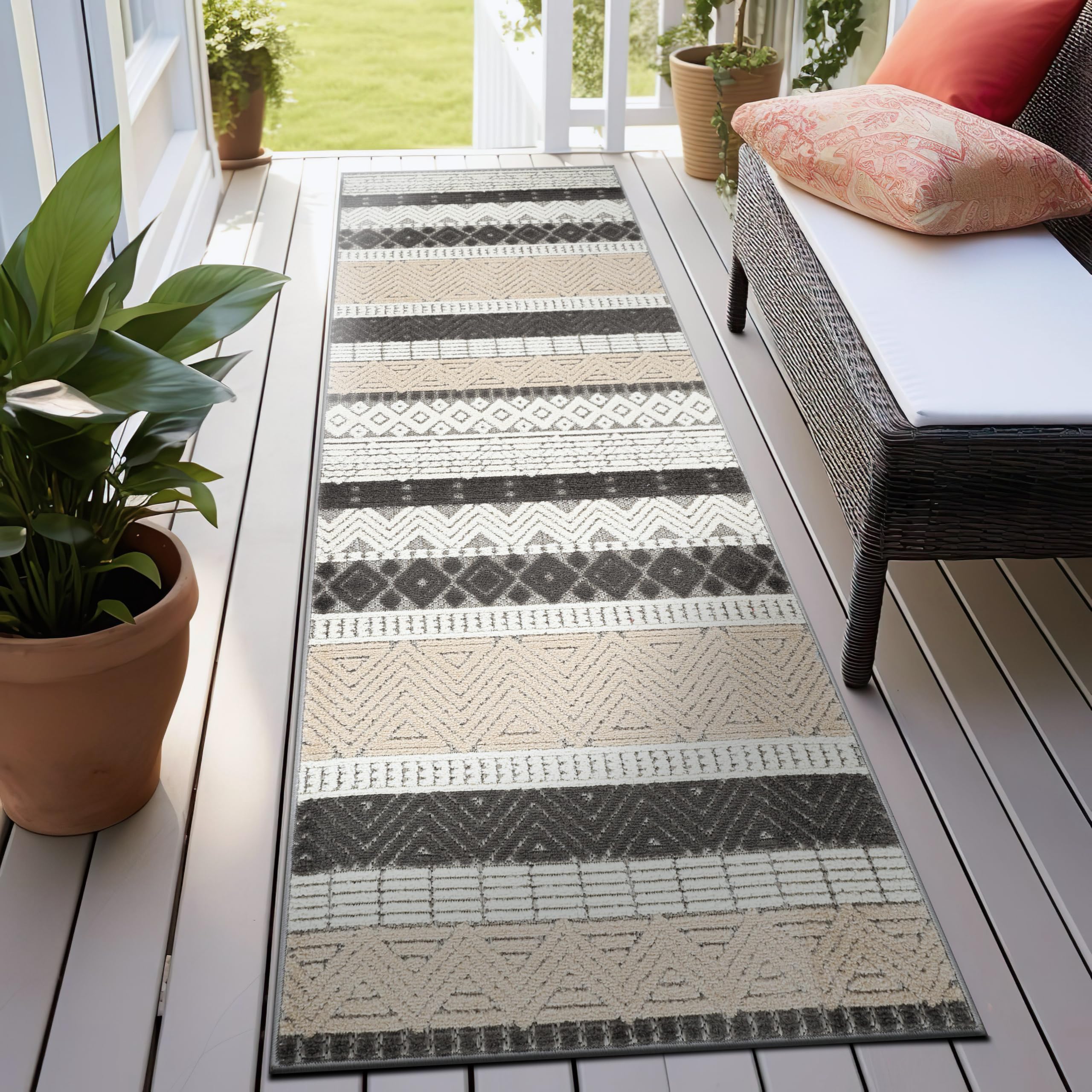 Rugshop Marbella Contemporary Boho Non-Shedding Easy Cleaning Patio Deck Backyard Indoor/Outdoor Runner Rug 2' 7" X 10' Gray-image-33