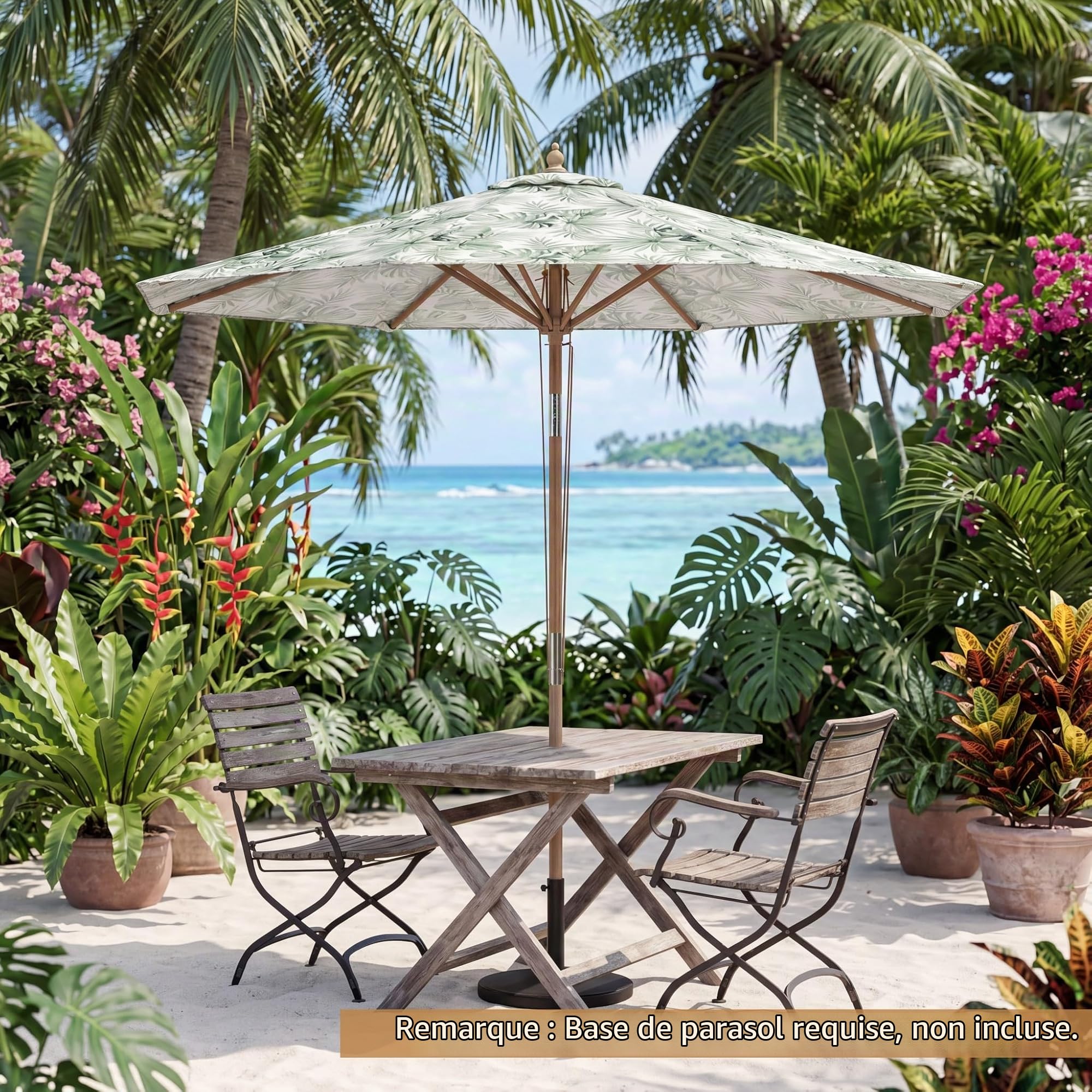RELAX4LIFE Parasol Inclinable 270CM en Bois, Motif de Plantes Tropicales