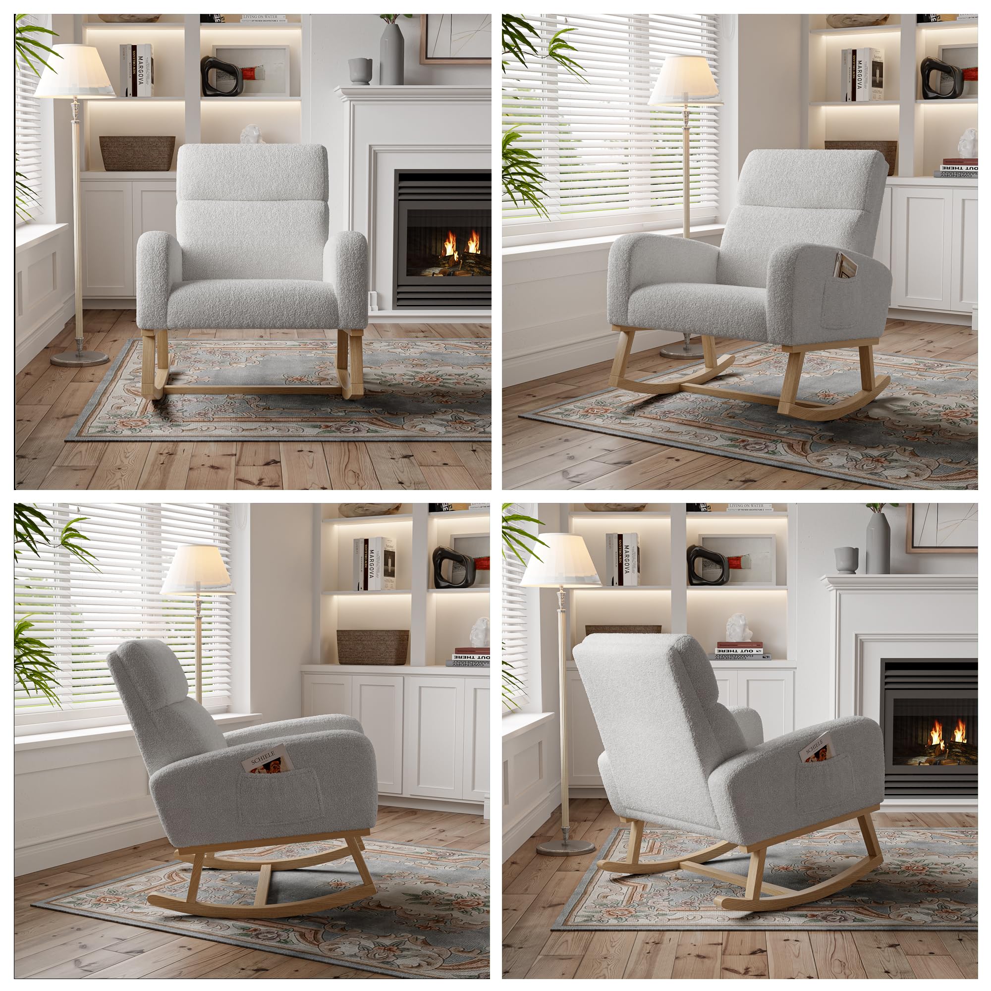 Mecedora para relajarse, sillón balancín, silla de lactancia, silla basculante con tejido de peluche y cojín lumbar y 2 bolsillos laterales, cómoda silla de lectura para salón (gris oscuro)