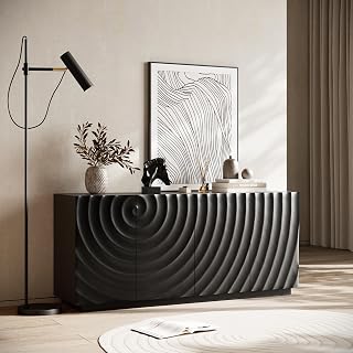 KEIKI 59" 4-Door Buffet Cabinet with Storage, Modern Accent Sideboard Buffet Table for Kitchen or Dining Room, Textured Ripple Front Freestanding Cabinet for Dishes & Decor, Black