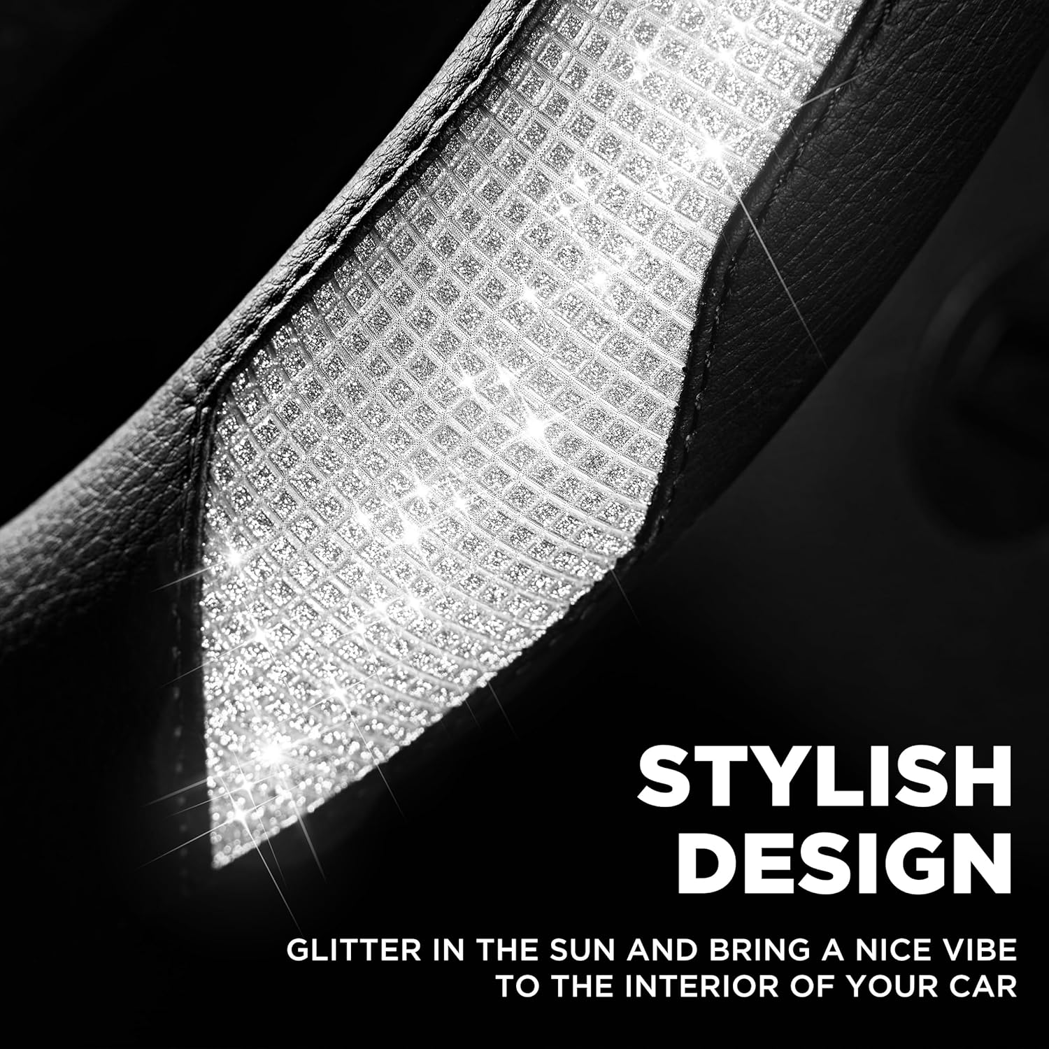 PIC AUTO Steering Wheel Cover, Sparkly Crystal Bling Glitter with Black Leather, Universal Fit 14.5"-15.5" Car Steering Wheels for Girls & Women, Breathable Anti-Slip Steering Wheels Cover - Image 4
