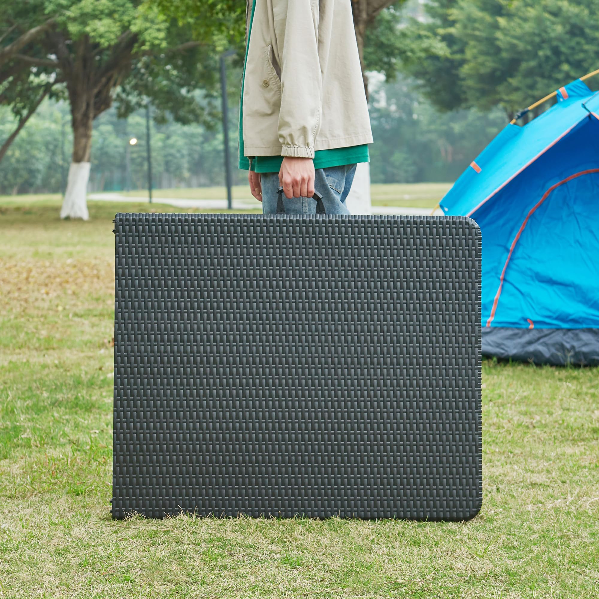 [en.casa] pro.tec składany stół piknikowy Camping przenośny stół do użytku na zewnątrz metalowa rama i blat plastikowy stół 180 x 75 x 72 cm czarny efekt rattanu