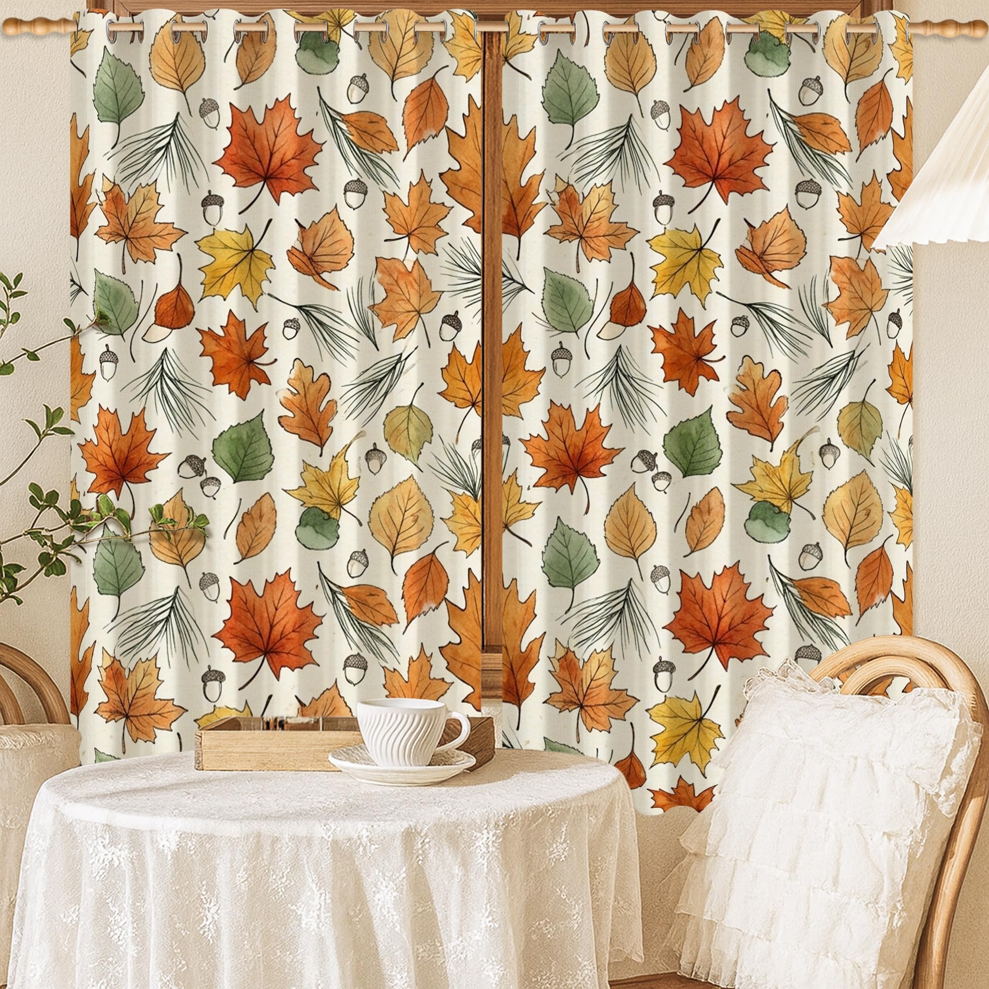 Rideaux occultants rustiques orange avec motifs aiguilles de pin