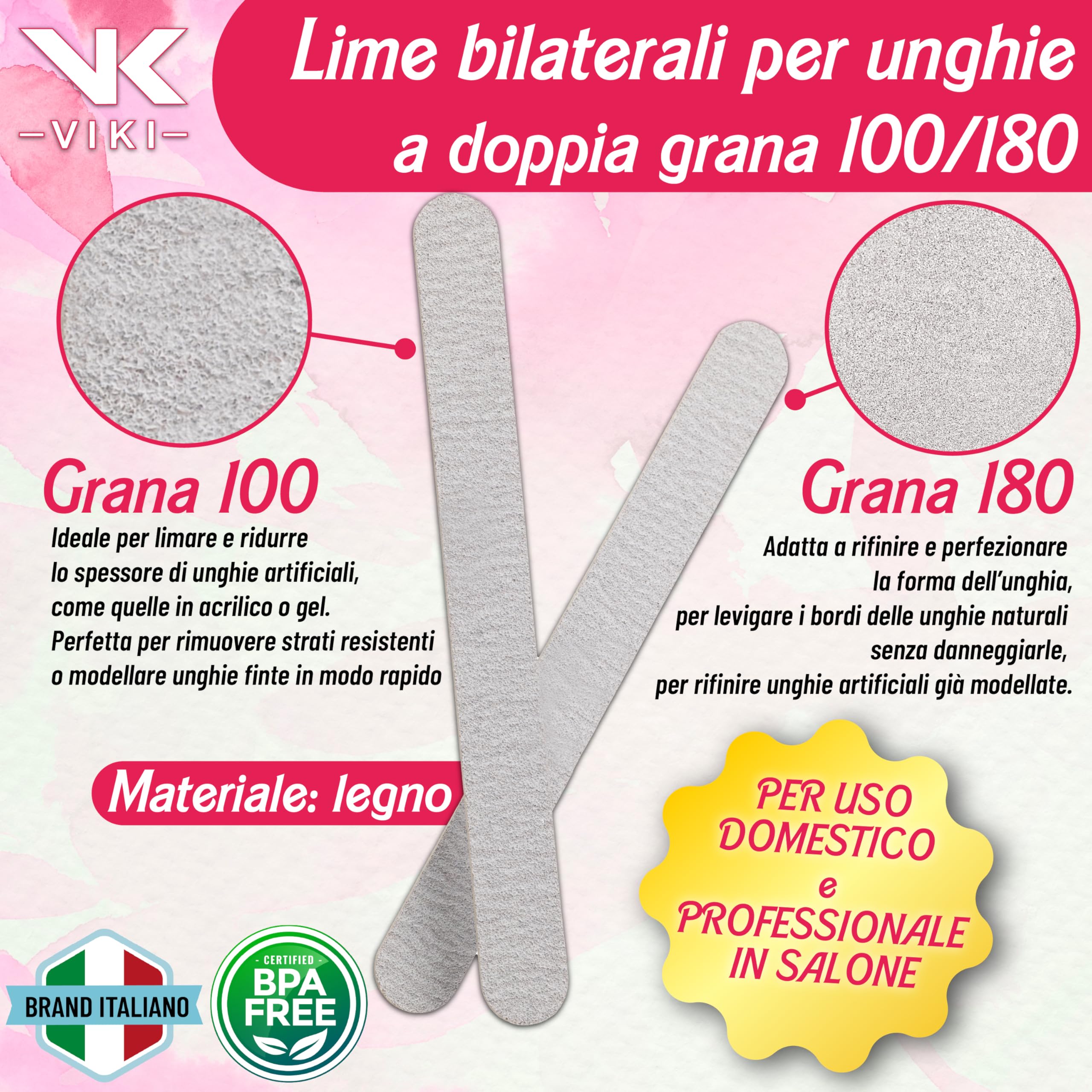 VIKI Set 100 Lima Unghie Professionale 100/180 Doppia Grana, Lime Unghie per Manicure e Pedicure, Unghie Naturali, Gel, Acrilico e Semipermanente, Lime Delicate e Resistenti ideale per centri estetici