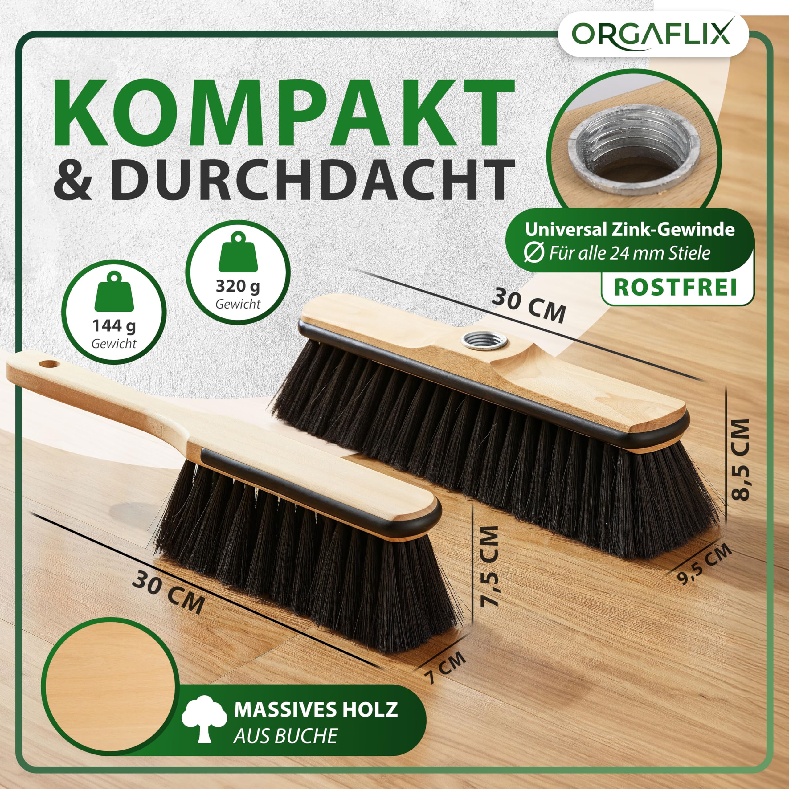 ORGAFLIX Premium Zestaw miotły z uchwytem i szczotki ręcznej - zestaw do zamiatania z mieszanką włosia konia, dodatkowo odpylający, gwint ocynkowany 24 mm, uchwyt miotły regulowany 60–130 cm