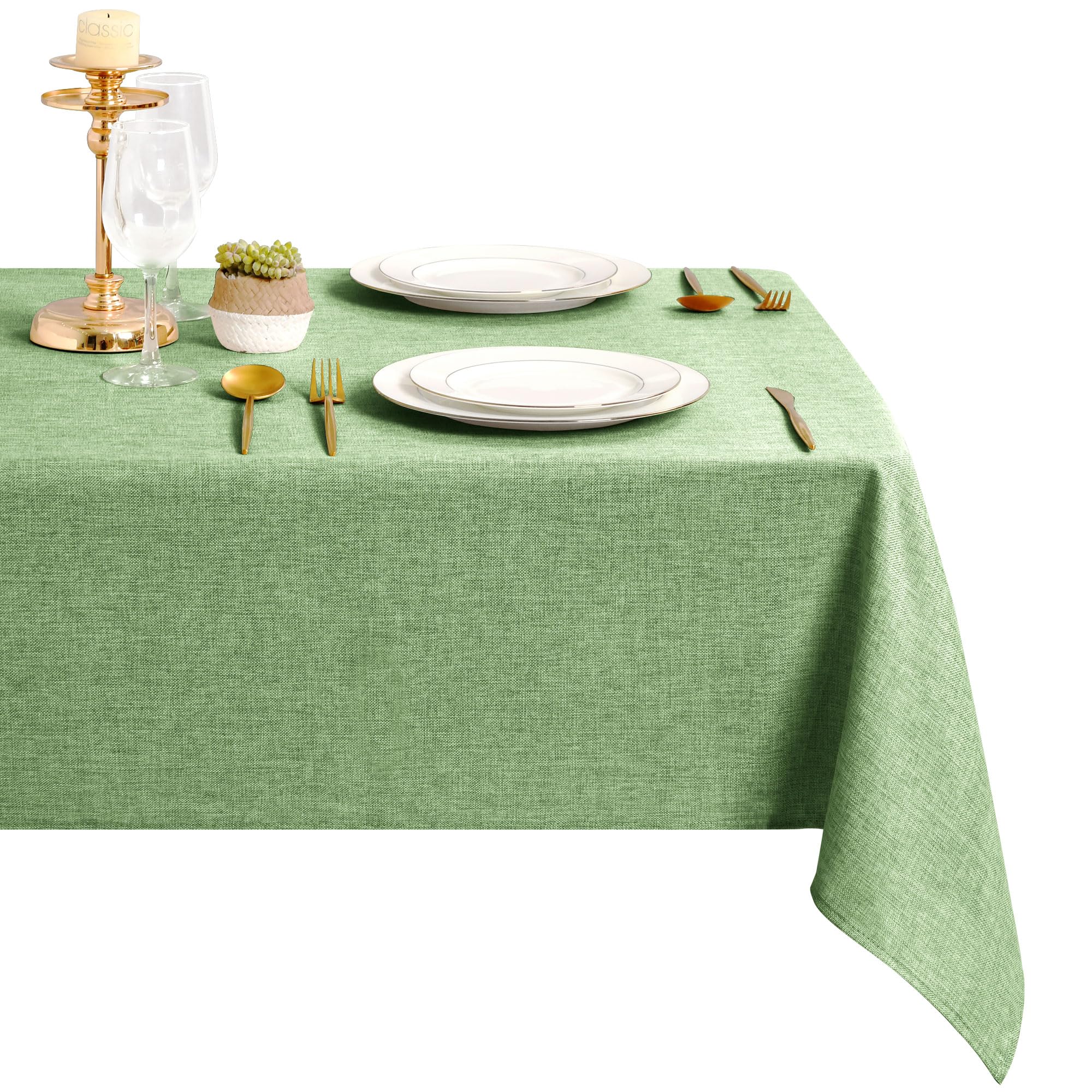 DWCN Grün Tischdecke 135x220cm Leinenoptik Abwaschbar Outdoor Wetterfest Fleckschutz Tischwäsche Wasserabweisend Weihnachten Tischtuch für Frühling, Esszimmer, Garten, Party, Hochzeiten, Haushalt