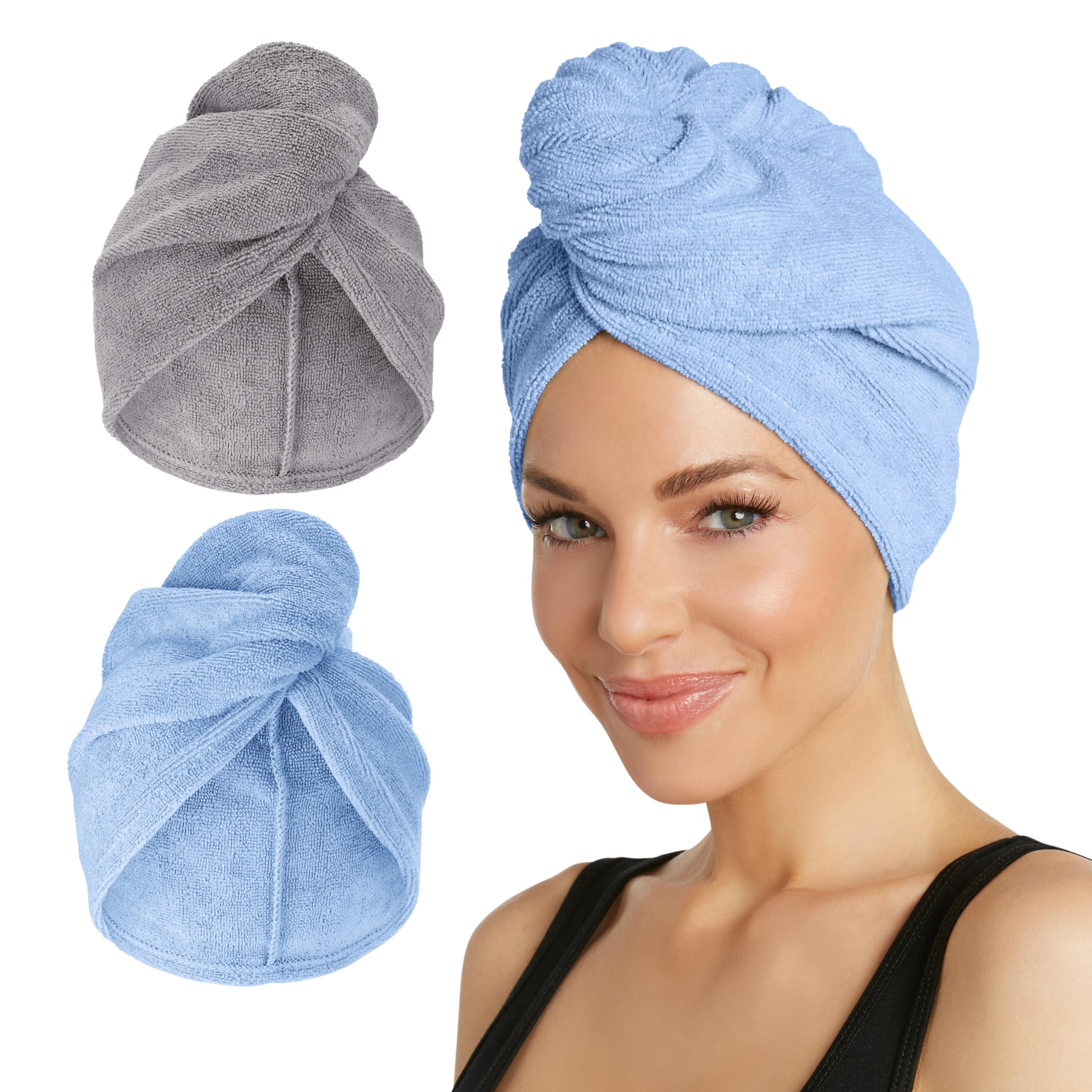 Turbie Twist Microfiber Hair Towel Wrap [2 Pack] – The Original Microfiber Hair Wrap As Seen On TV! Solid -Gray and Blue Hair Turban Towel Wraps Plopping Towel for Long and Curly Hair by Turbie Twist