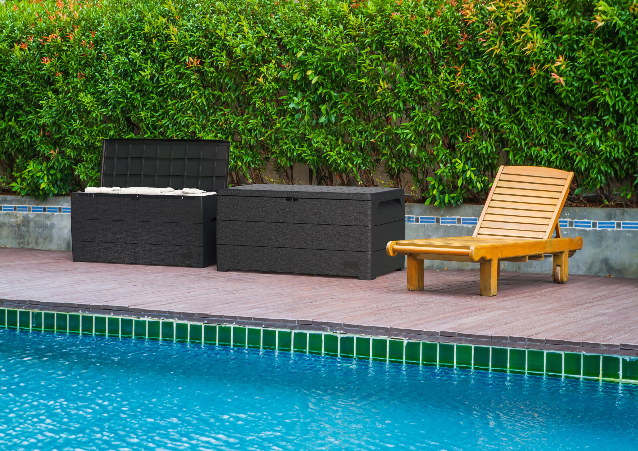 Duramax Cedargrain Durabox 270 litri, contenitore per mobili da giardino in plastica per esterni con coperchio chiudibile, con ruote e maniglie, Grigio scuro