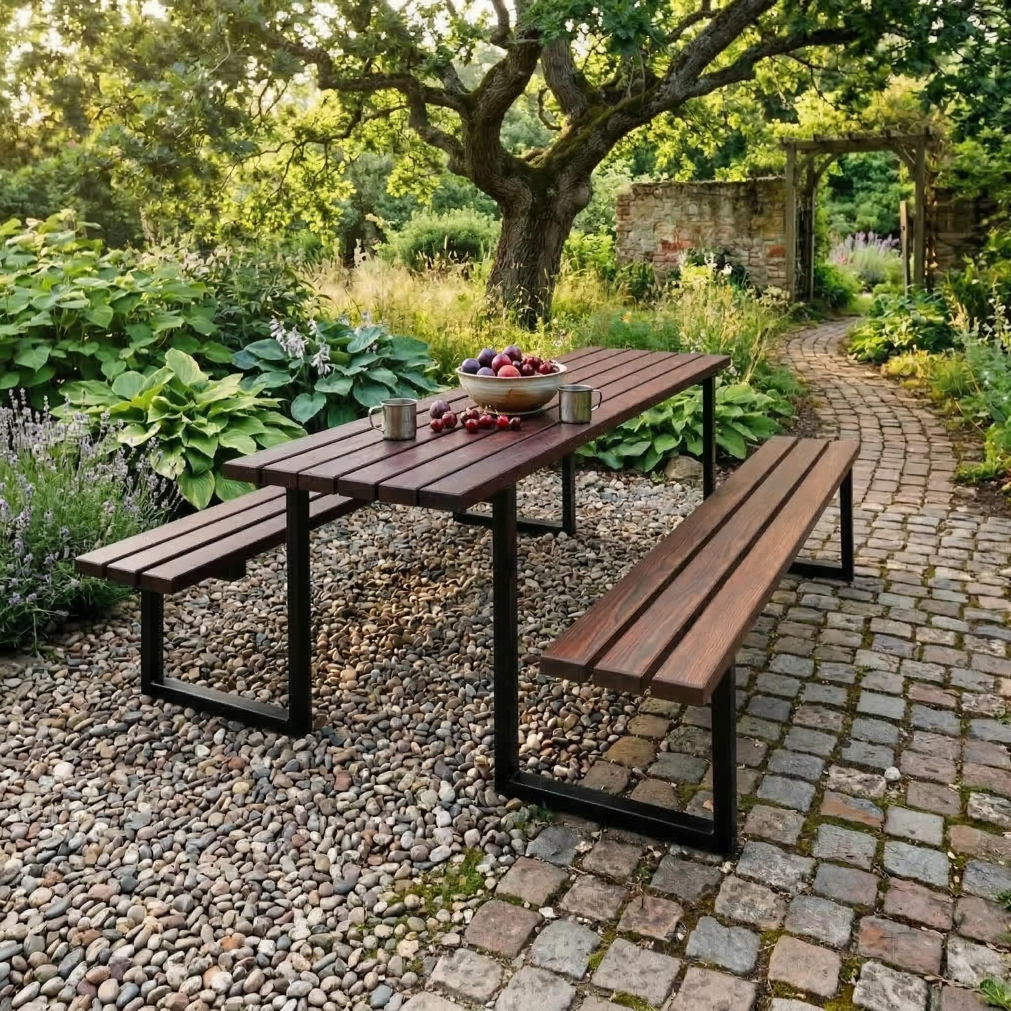 REKORD Tavolo da Picnic Massiccio Atlas Set Tavolo e Panche in Legno e Acciaio 170x169x75cm Tavolo da Giardino Stabile 6-8 Persone Resistente alle Intemperie Robusto - Palissandro