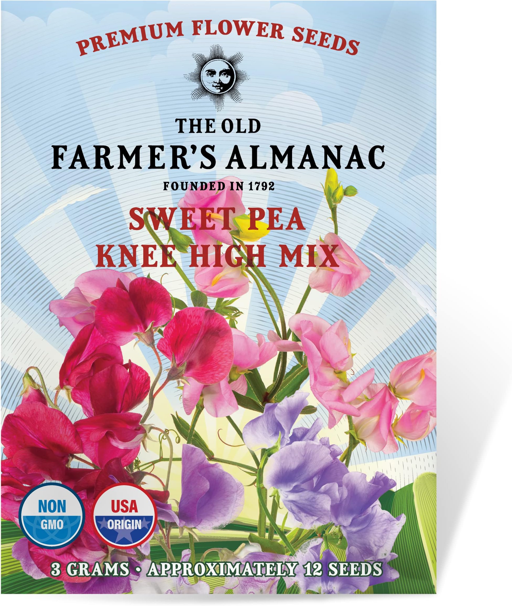 The Old Farmer's Almanac Sweet Pea Seeds (Knee High Mix) - Approx 10 Flower Seeds - Premium Non-GMO, Open Pollinated, USA Origin