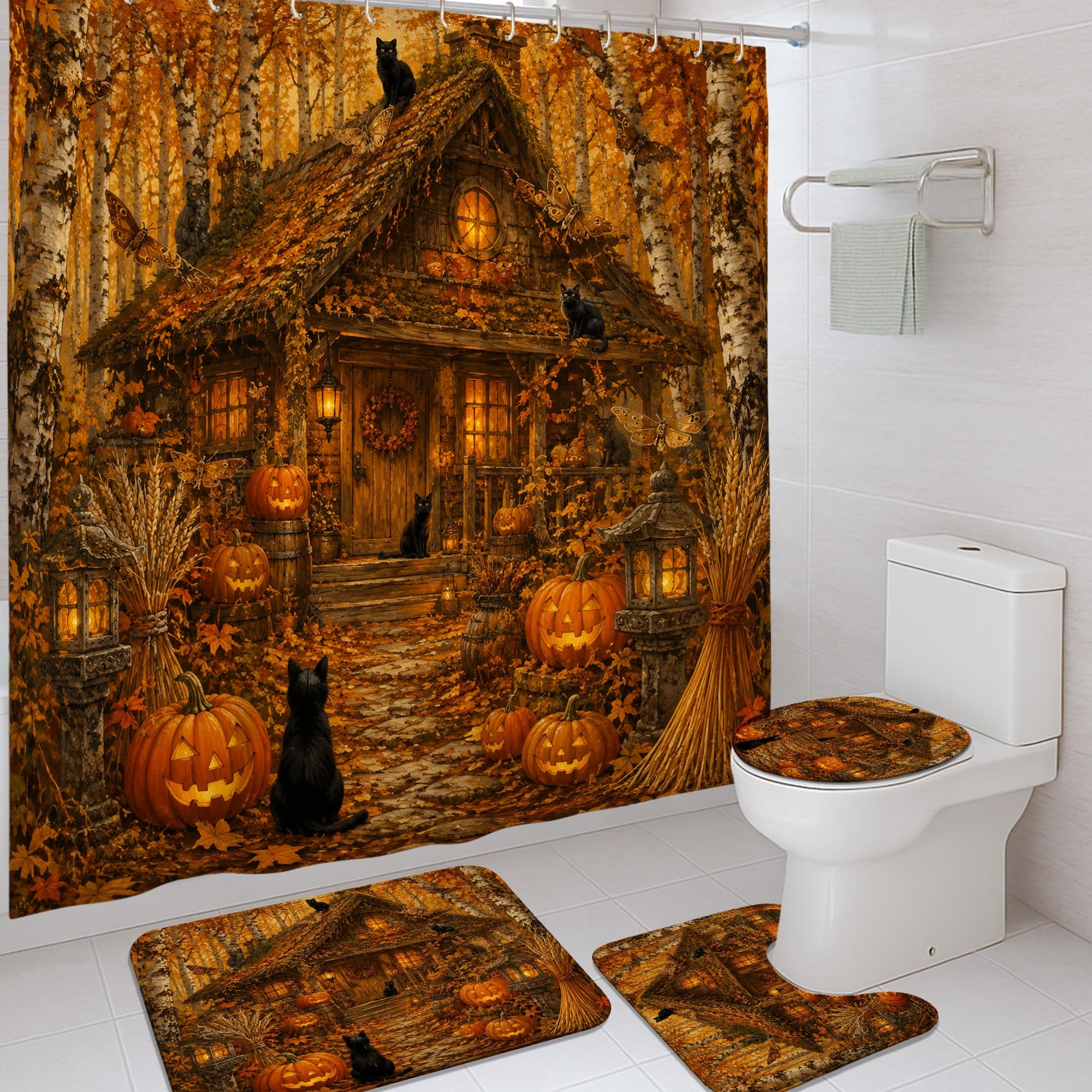 Rideau de douche polyester imperméable 183x183 avec tapis de bain Halloween