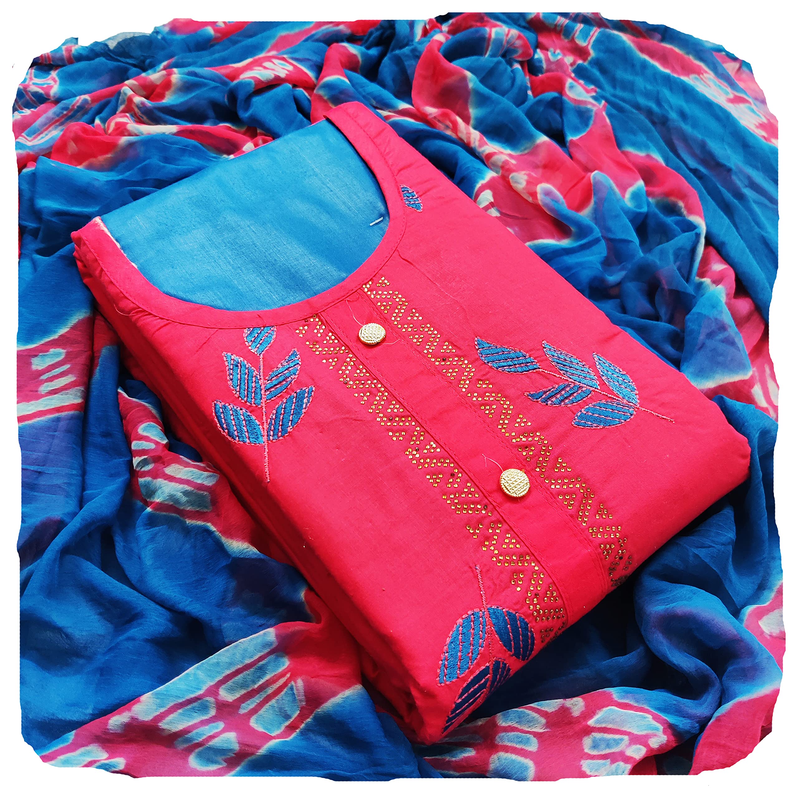 RubaniWomen Cotton Unstitched Salwar Suit Dress Material With Thread Embroidery(Free Size)