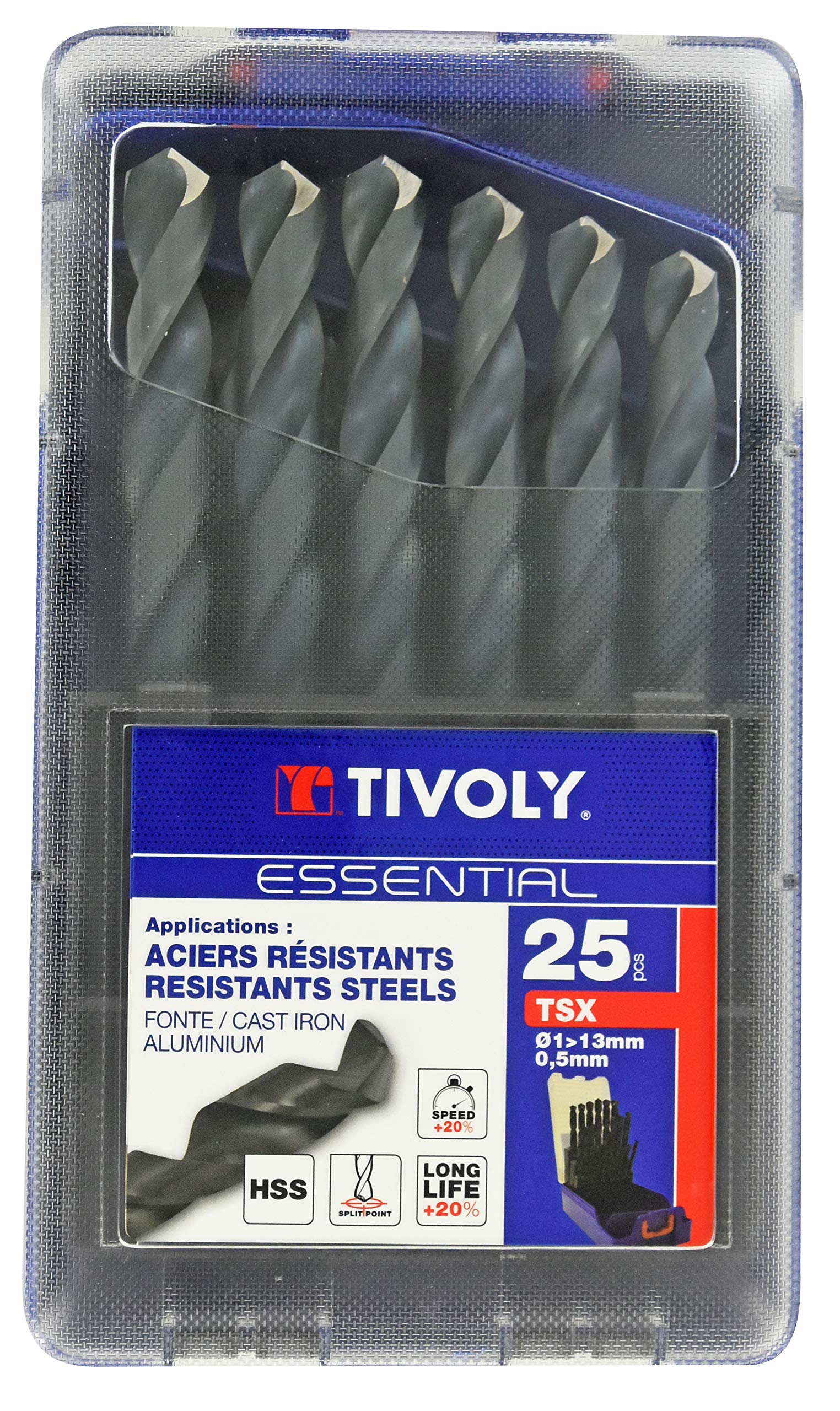 TIVOLY 11453070017 - Juego Broca HSS rectificada cilíndrica TSX Serie corta 25 brocas metal punta en cruz HSS Ø 1>13 mm 1/2 (Envase de 25 pz.)