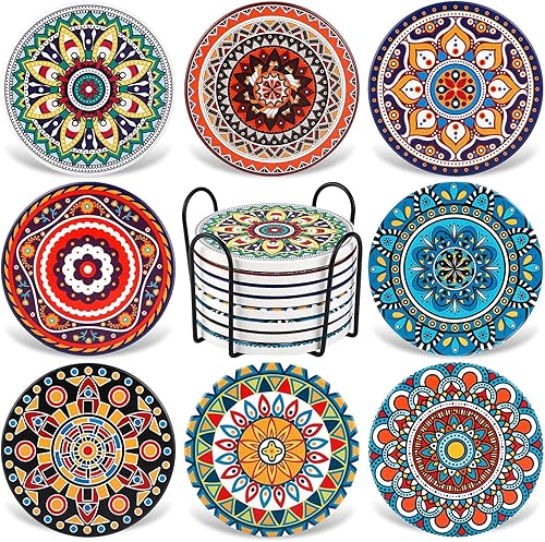 Juego de 8 posavasos absorbentes de piedra para mesa de madera, mandala de cerámica con base de corcho, regalo para inauguración de la casa,