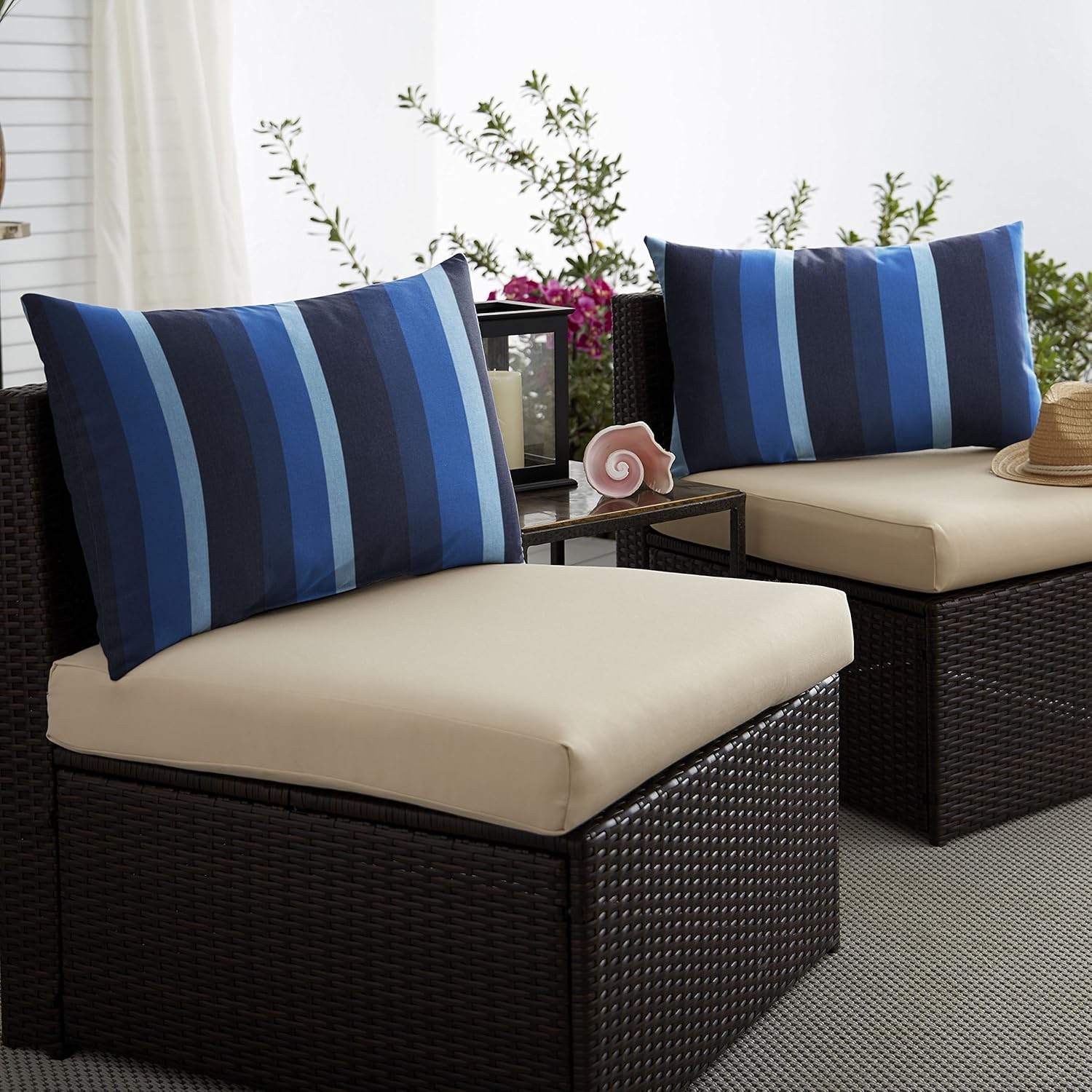 Mozaic AMPS116895 Indoor Outdoor Sunbrella Lumbar Pillows, Set of 2 14 x 24 Blue Stripes