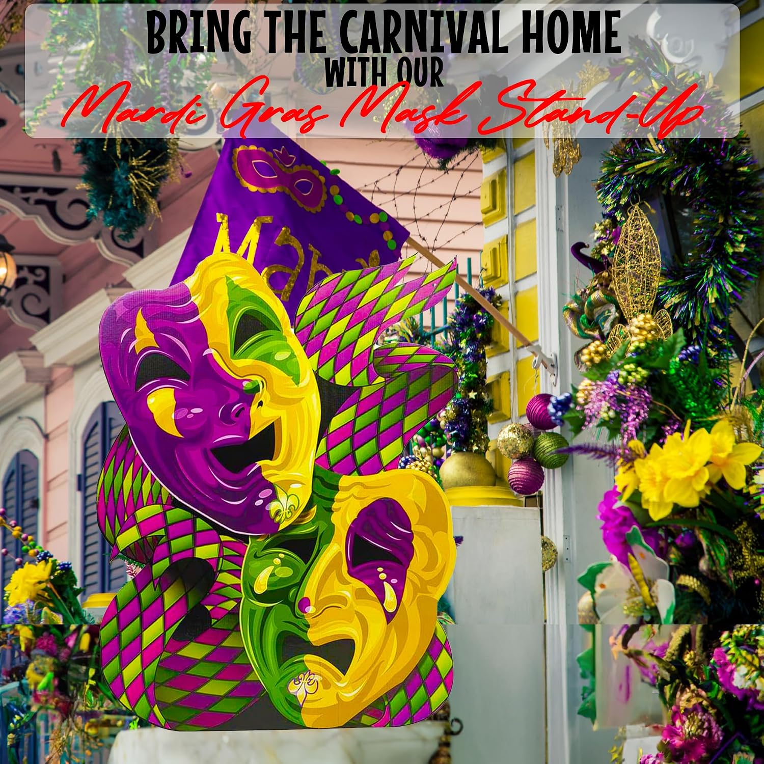 5 Feet Tall Mardi Gras Mask Cardboard Photo Booth Stand-Up Backdrop - Party Decor - 60" High x 45" Wide