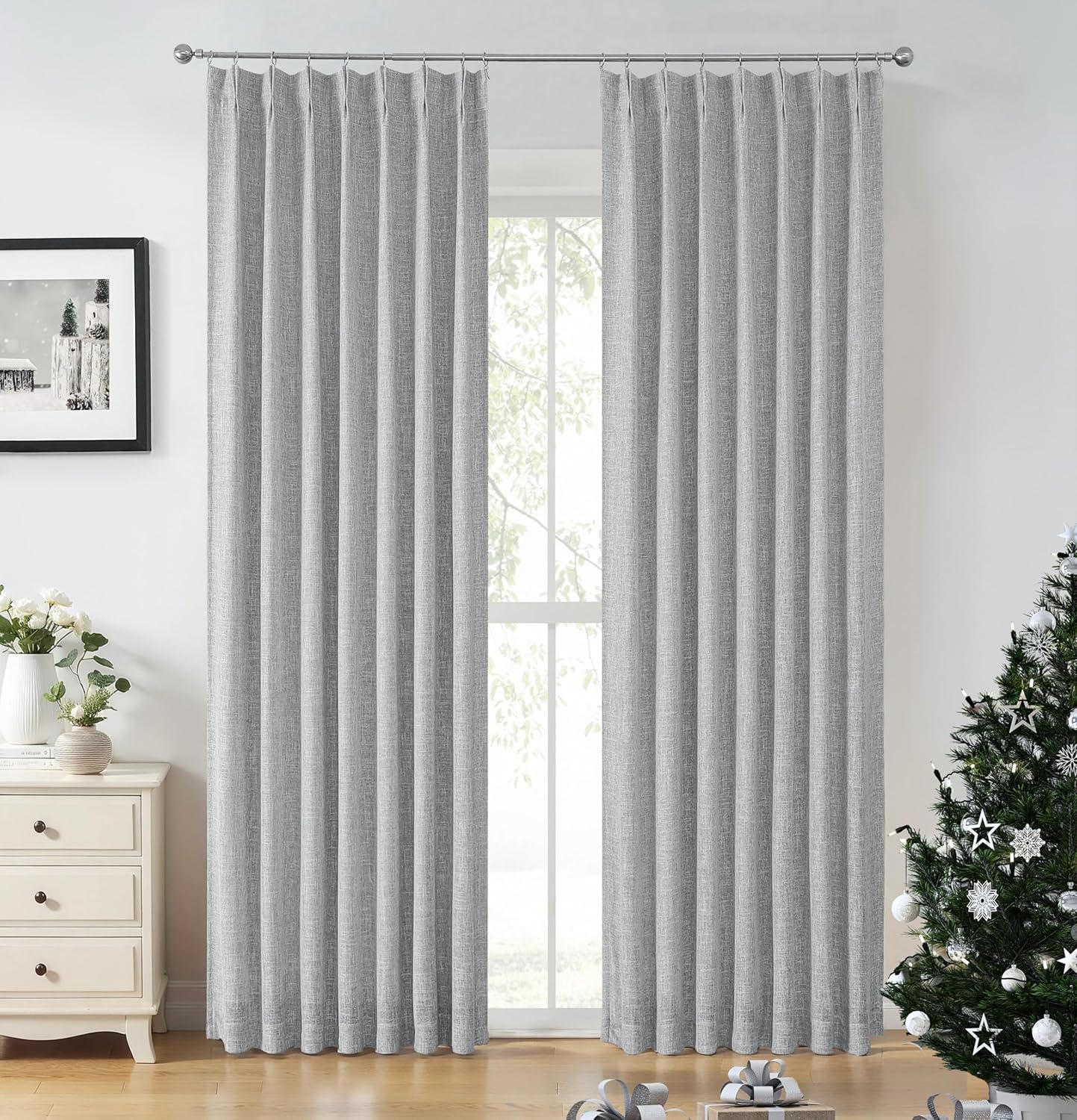 Grey Pinch Pleated Blackout Curtain Panel with Full Blackout Liner Linen Texture Thermal Insulated Window Treatment Set with Back Tab for Farmhouse Bedroom Energy Efficient Drape with Hooks, 40"x95"x2 40"W x 95"L (Pack of 2) Grey