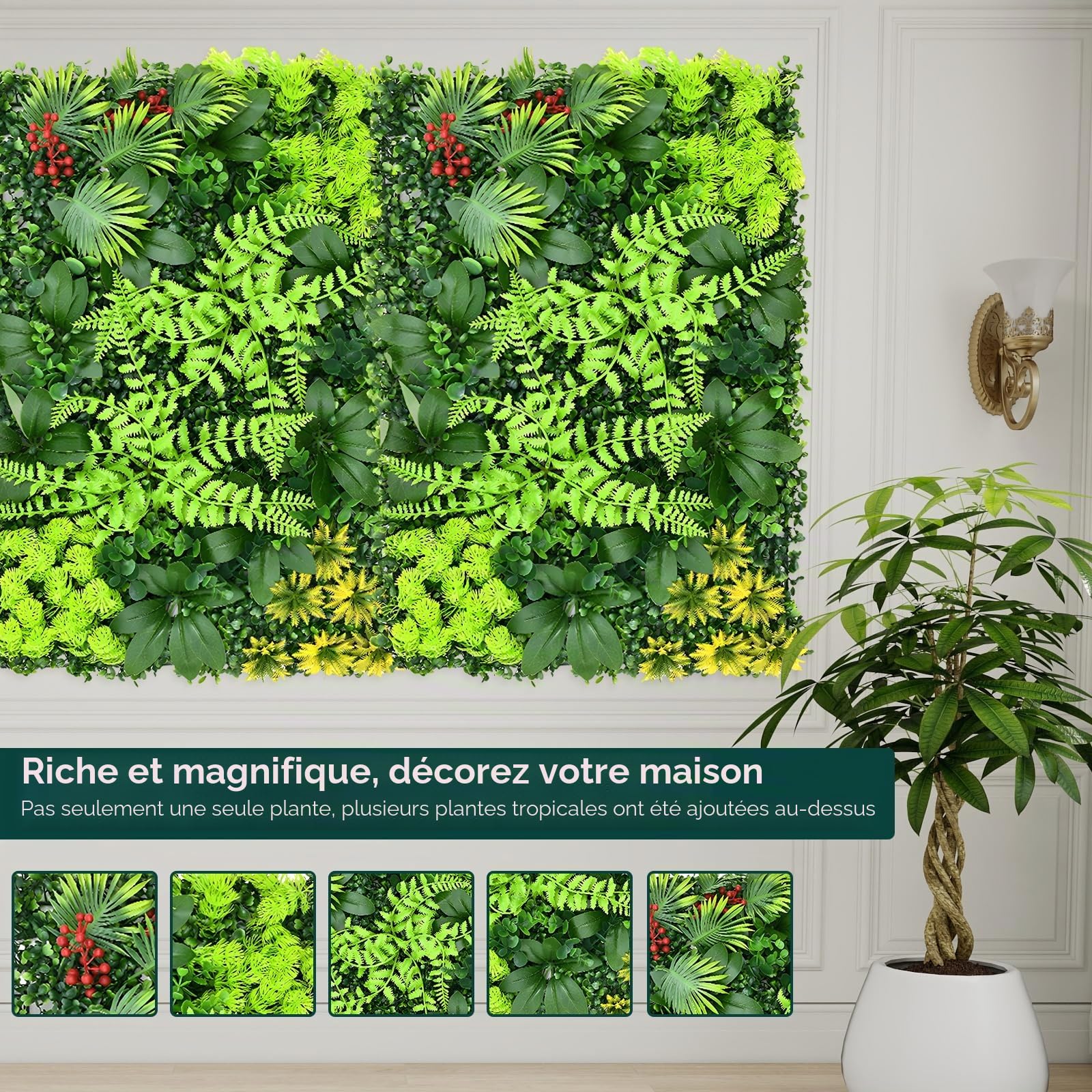 2 panneaux artificiels de mur vivant, panneaux muraux de plantes d'herbe 60x40 cm, panneaux de haie de protection de la vie privée verts pour mur vivant, clôture pour jardin à domicile, printemps
