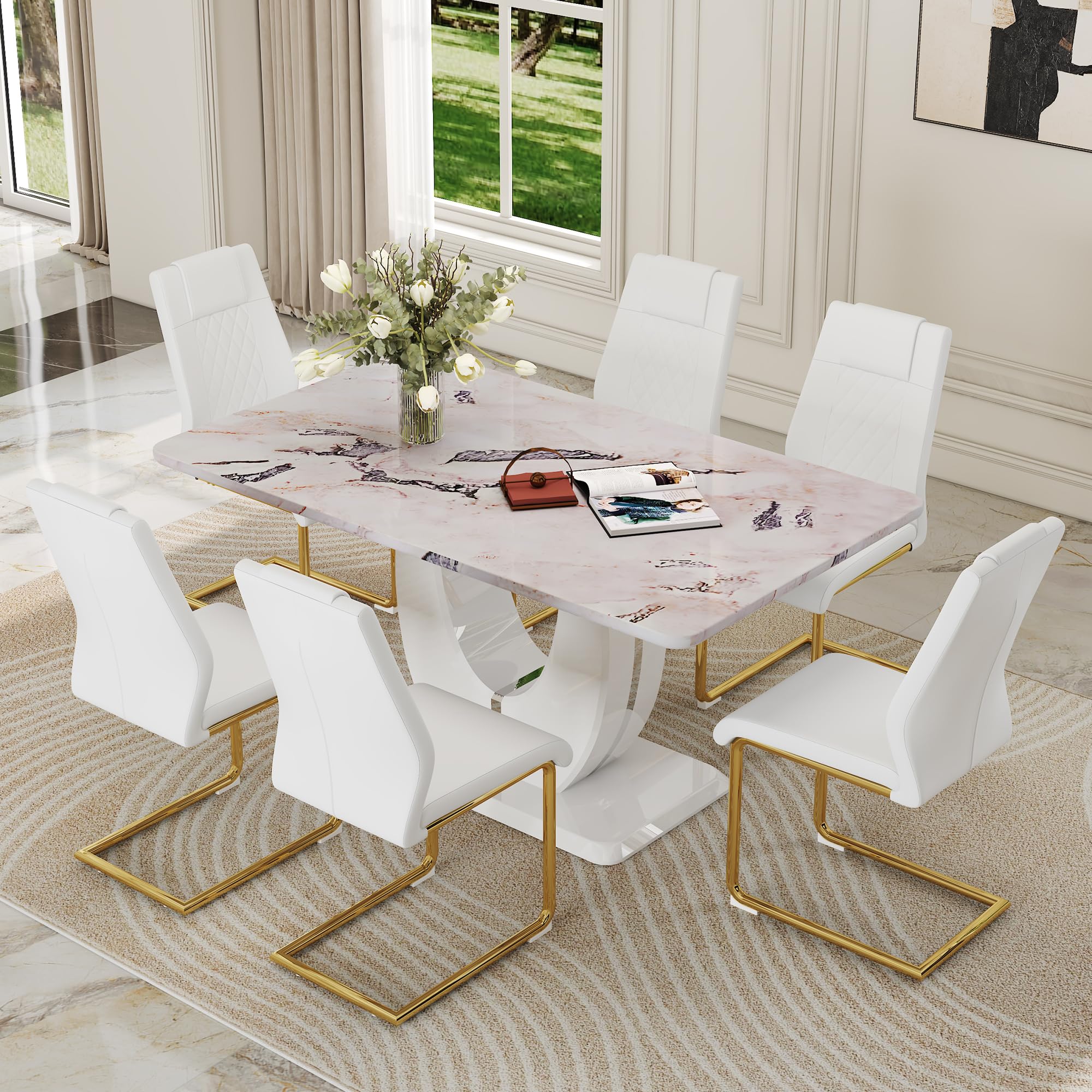 Btikita 63'' Dining Table Set for 6, Modern Kitchen Table Chairs Set of 6, Faux Marble Table with PU Leather Upholstered Chairs for Dining Room,
