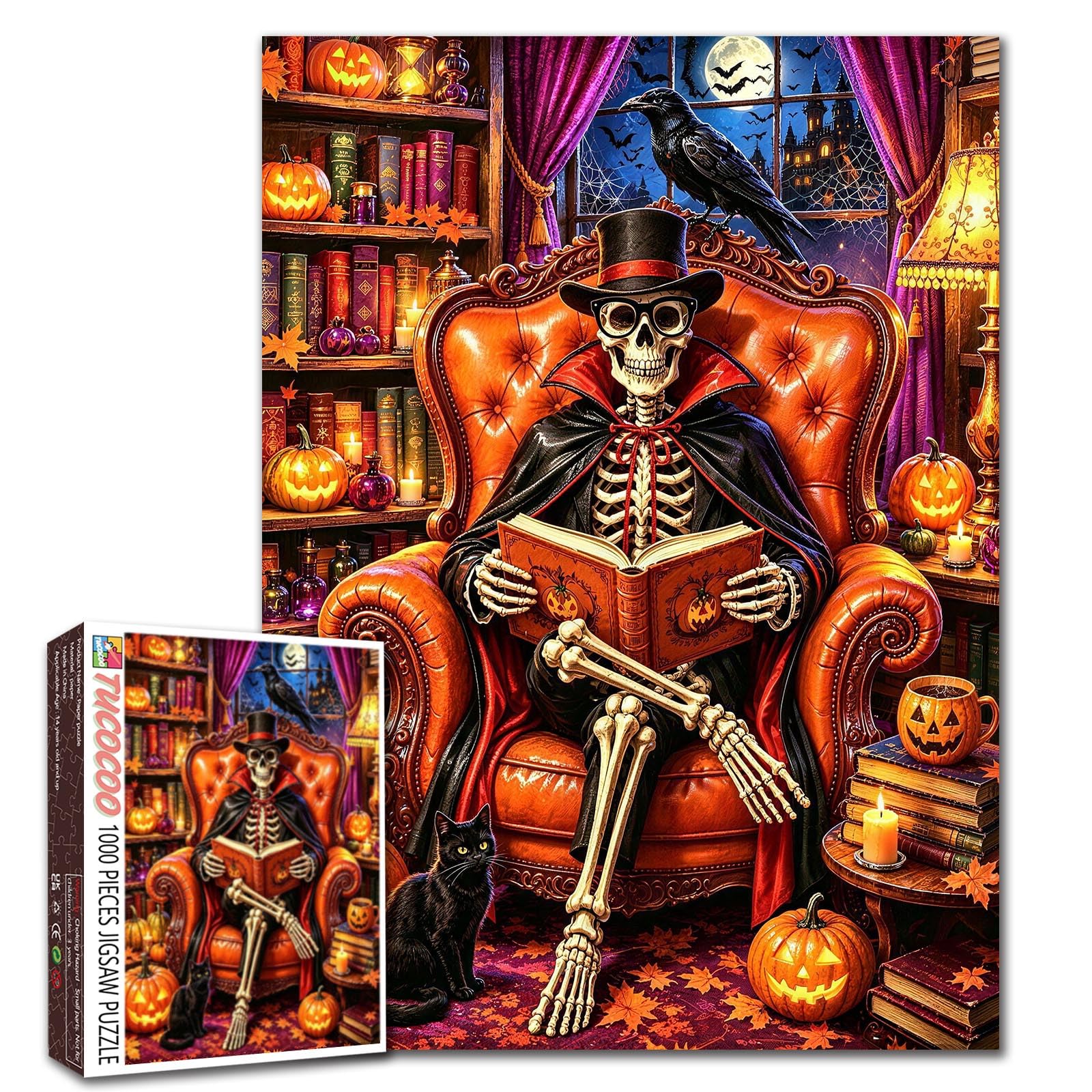 Halloween Skeleton Puzzle 1000 Pieces for Adults, Gothic Skeleton Books Chair Jigsaw Puzzle Pumpkins Candles and Black Cat Puzzles, Spooky Haunted Raven Artwork, Challenging Home Decor โ image 1