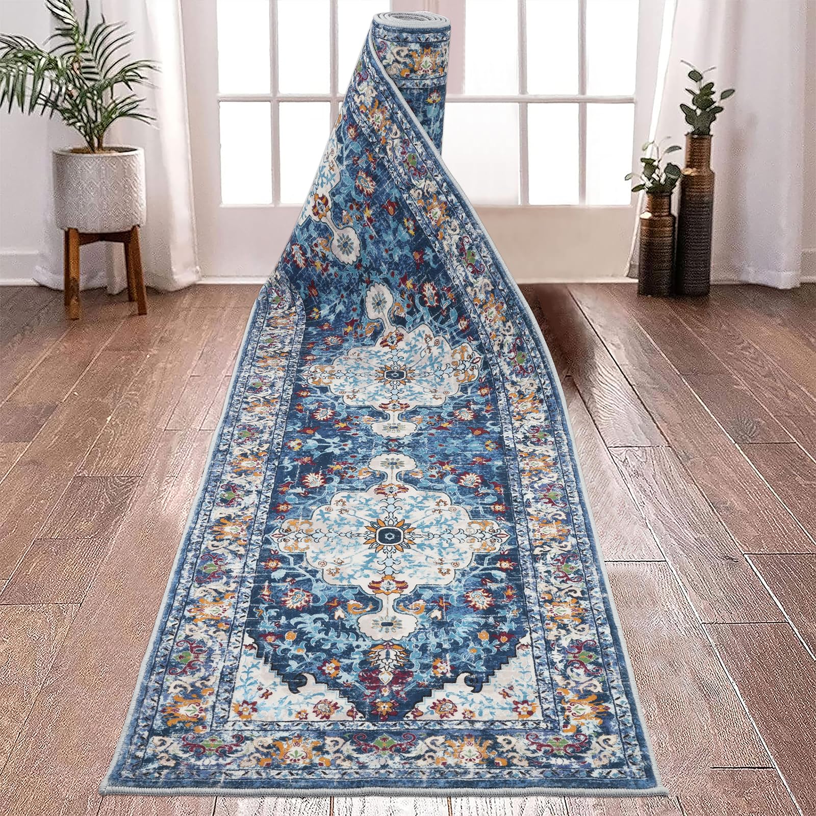Alfombra pasillo bohemia antideslizante de 2x12 pies suave y azul