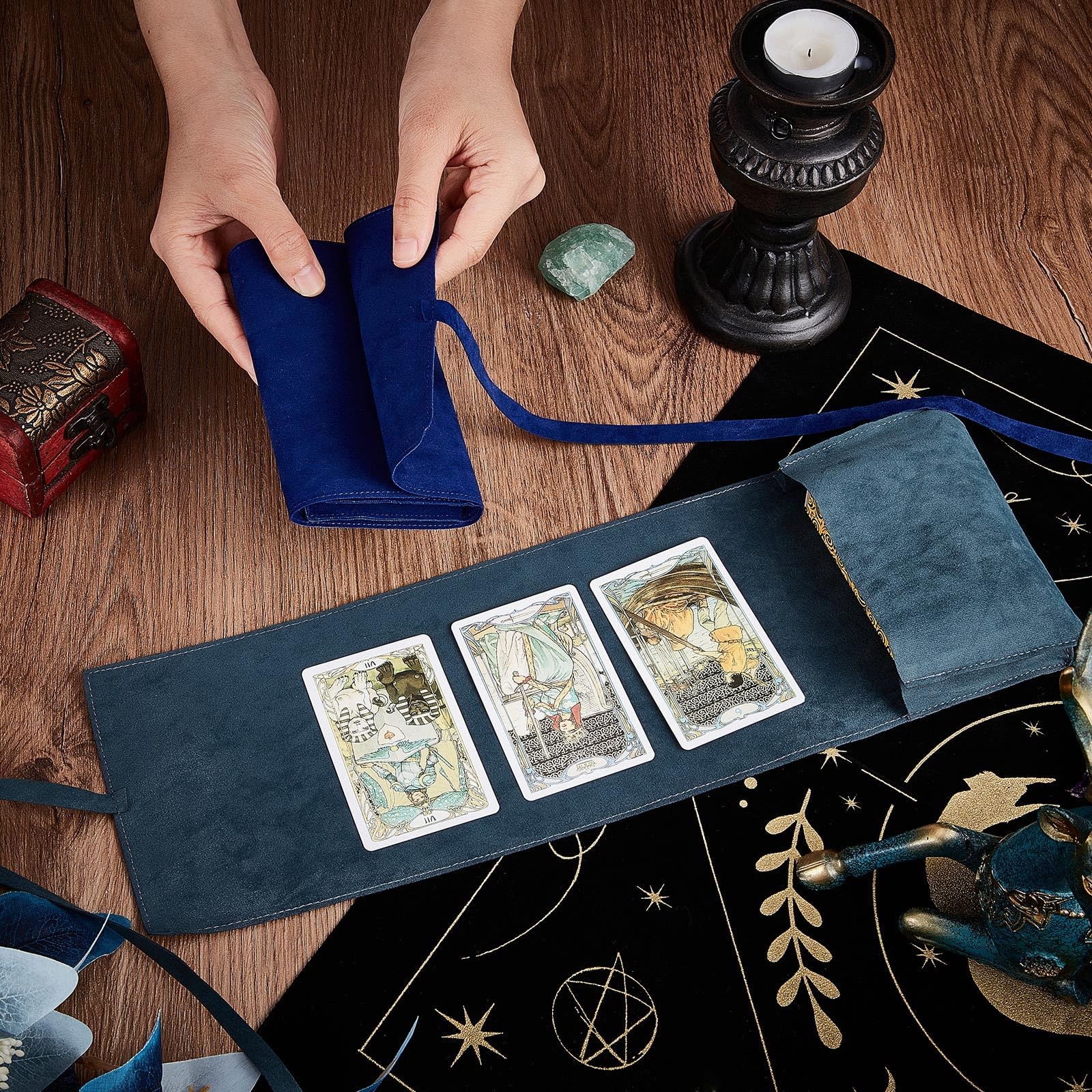 HINGTAI Kit de Sac de Pince de Tarot Contient 2 boîtes de Rangement de Tarot en Velours et 1 pièce de décideur, Sac de Tissu de Tarot, Pince de Tarot pour Cartes