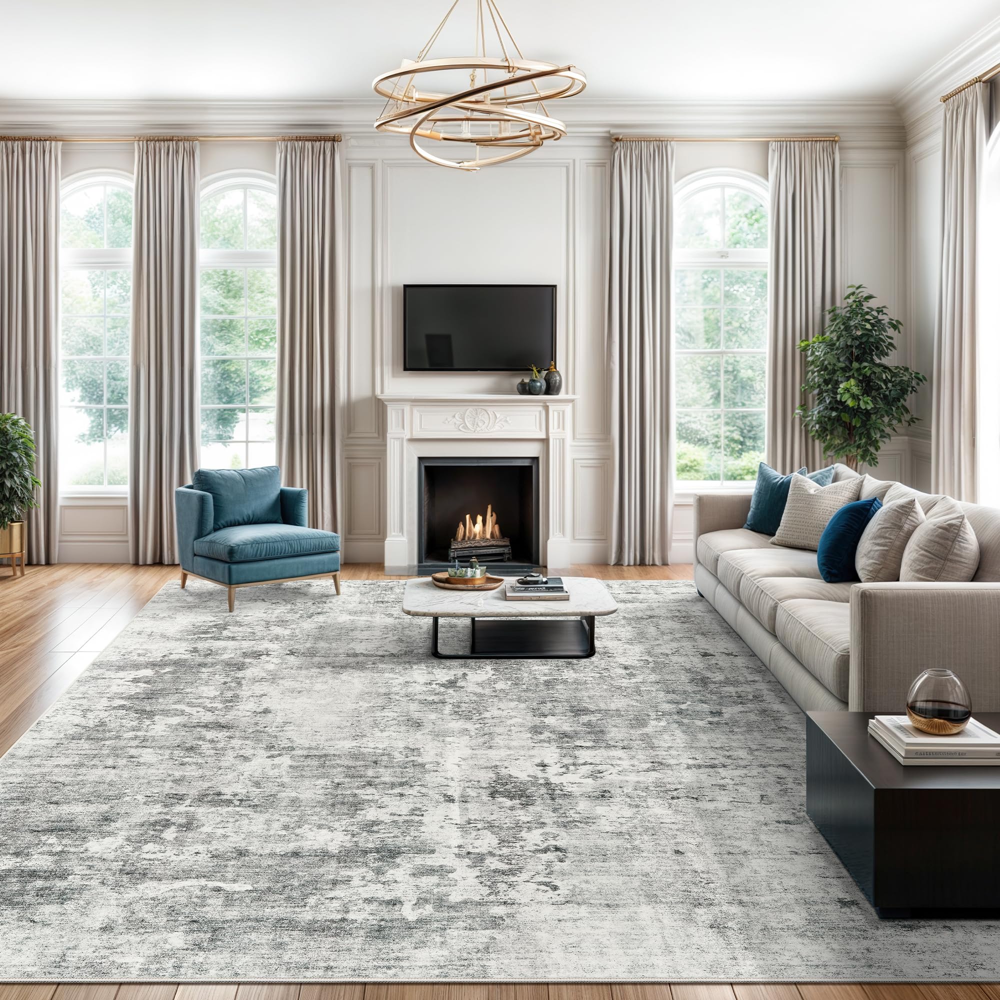 Photo 1 of Soalmost Abstract Rug 8x10 Large Living Room Rugs Neutral Modern Washable Area Rugs for Bedroom Dining Room Non-Slip Stain Resistant Foldable Thin Rug Gray White