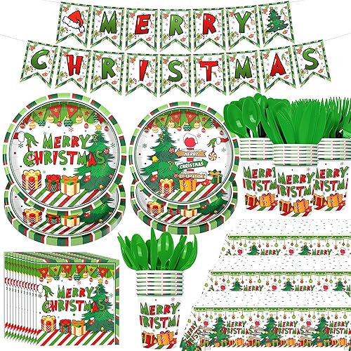 Juego de vajilla desechable de 171 piezas para decoración de fiesta de Navidad para 24 invitados, platos temáticos y servilletas, tazas, cubiertos,