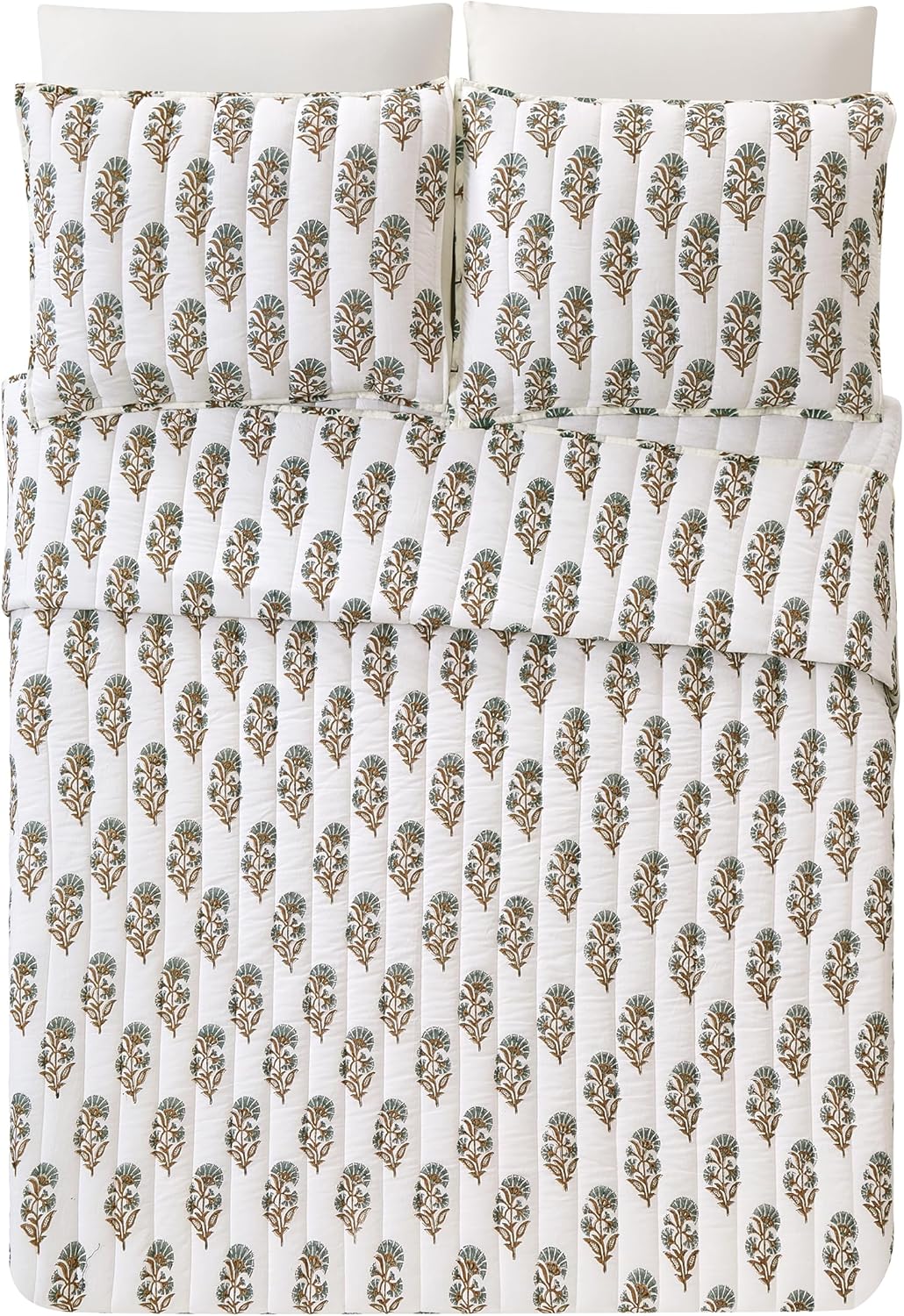 Mughal Flower Block Print Quilt and Pillow Sham Set, Vintage Rustic Cottage Lightweight Cotton Voile 3-Piece Bedding Set, King Size, Cream